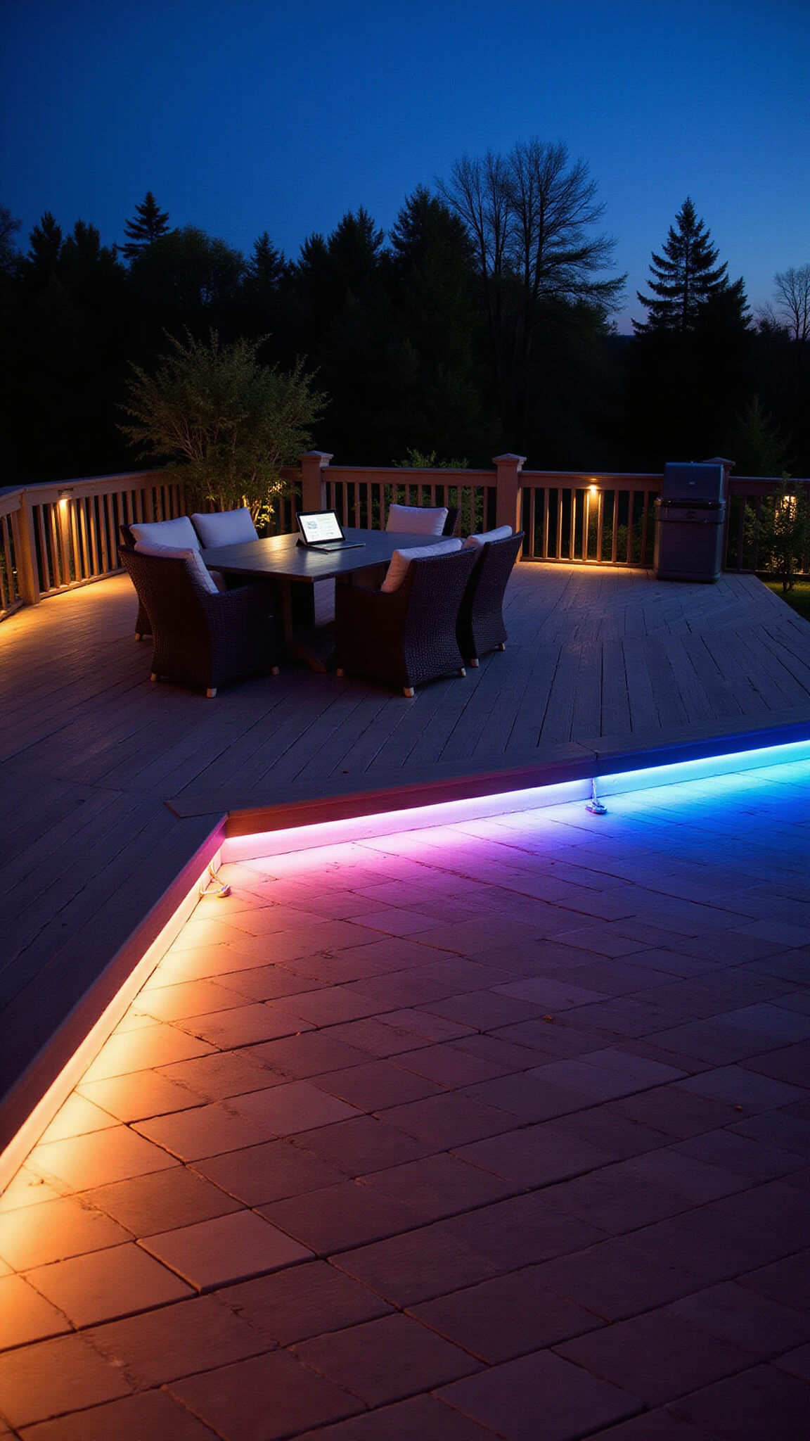Modern 15x20ft deck at sunset with color-changing LED strip lights along the perimeter, smart spotlights over central seating, and a tablet on the table displaying lighting controls during blue hour.