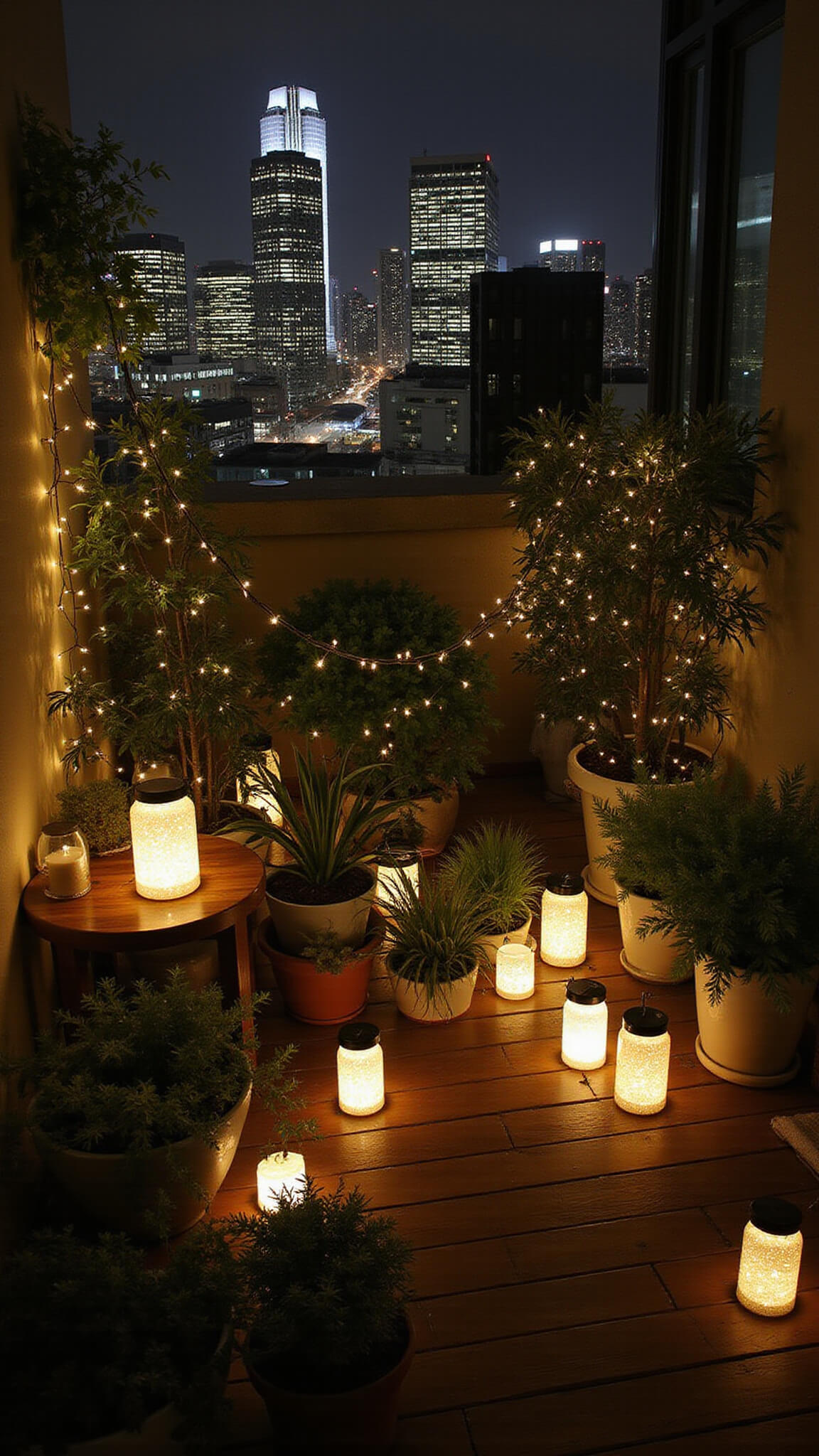 Cozy nighttime balcony garden with solar fairy lights and lanterns, surrounded by potted plants and overlooking a twinkling city skyline.