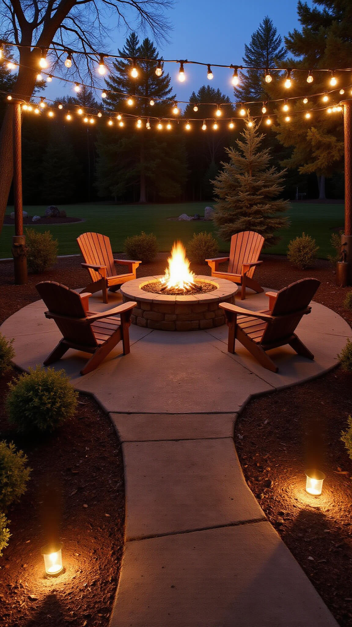 Rustic backyard fire pit at dusk with Adirondack chairs, glowing flames, string lights overhead, copper path lights, and trees lit with amber spotlights.