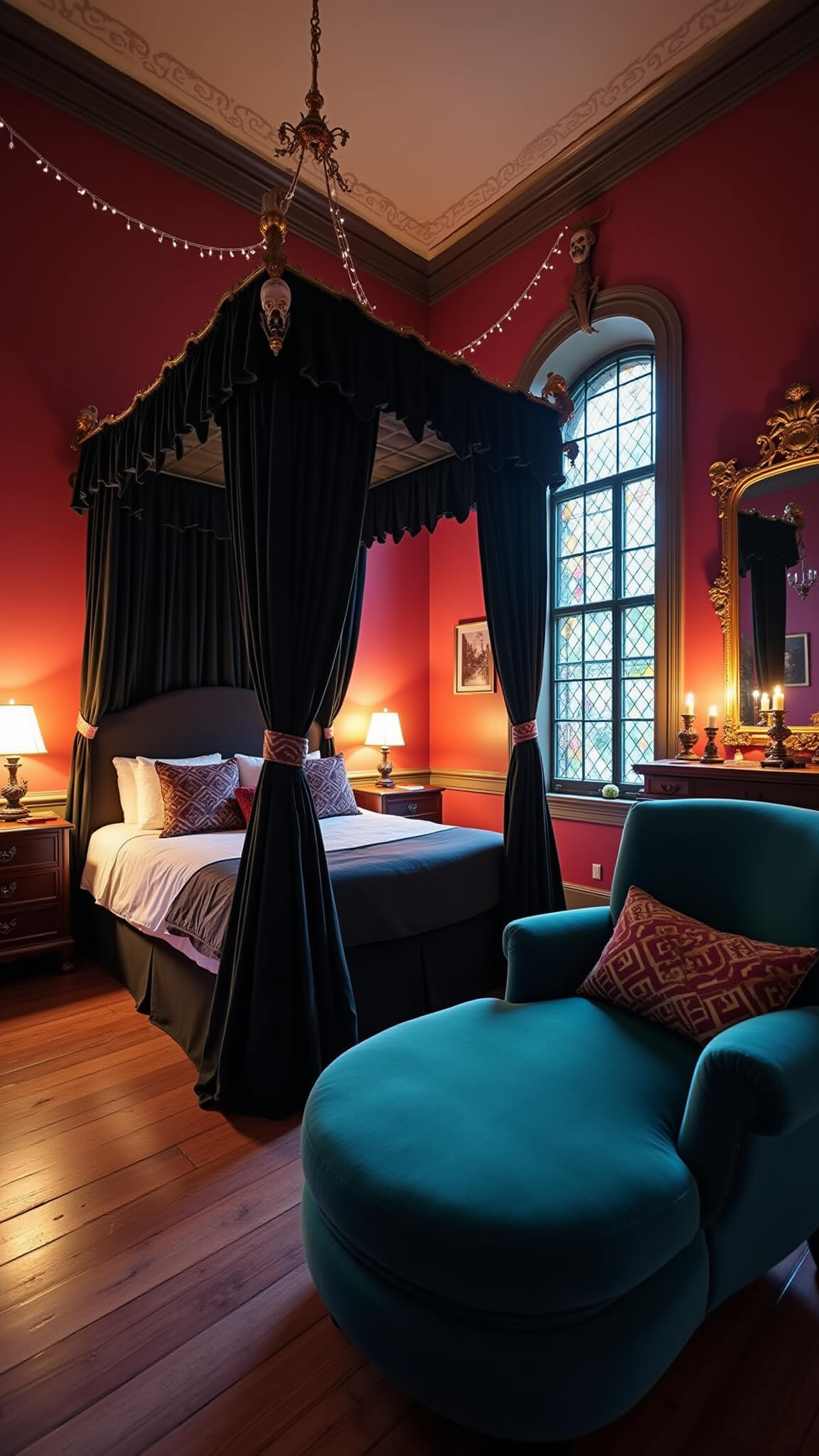 Victorian-era bedroom at twilight with burgundy walls, grand canopy bed, teal chaise lounge, stained glass windows, and whimsical gothic details.
