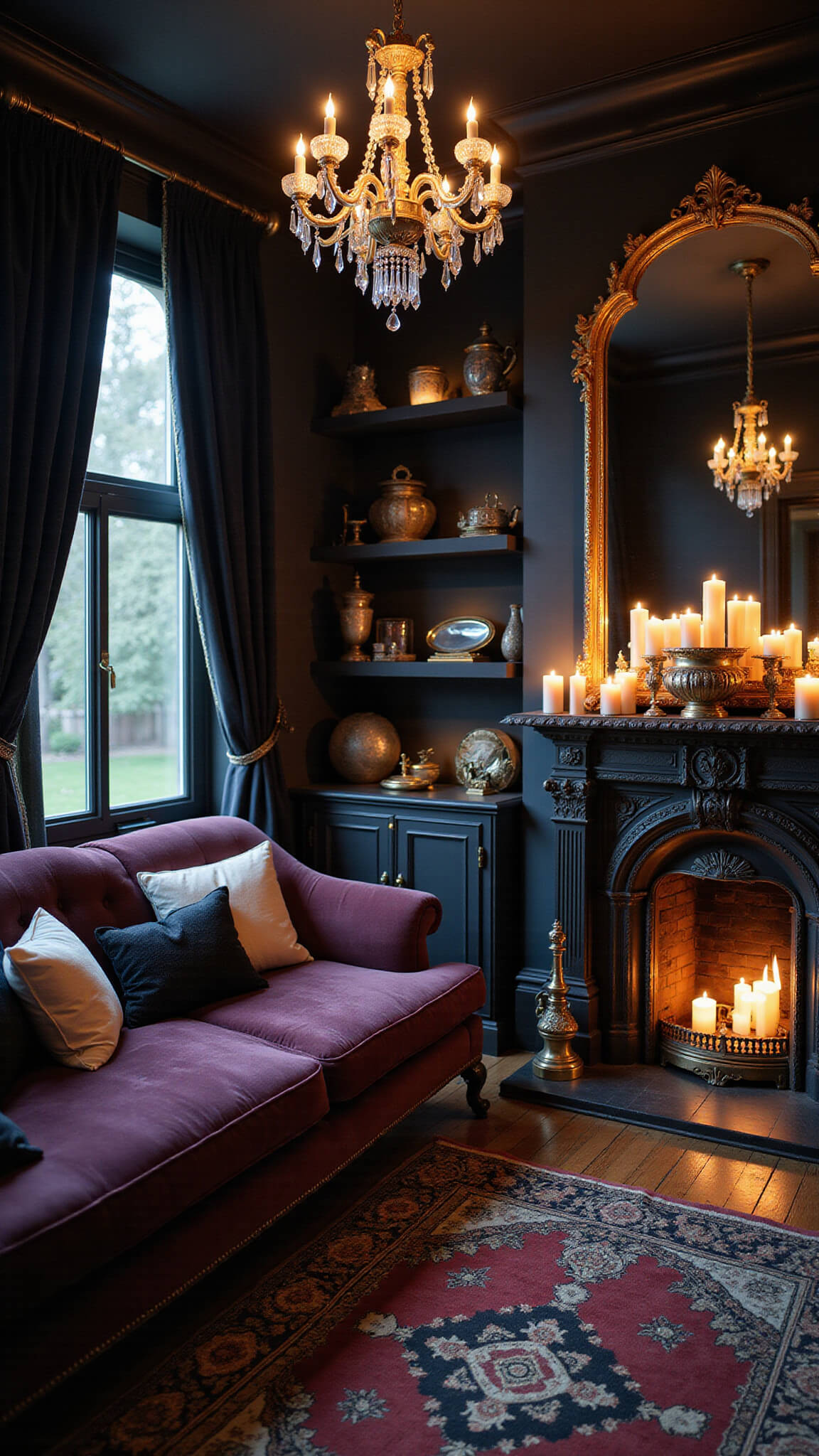 Gothic-inspired living room with charcoal walls, plum velvet sofa, melting candles in a Victorian fireplace, and vintage curiosities lit by a low crystal chandelier.