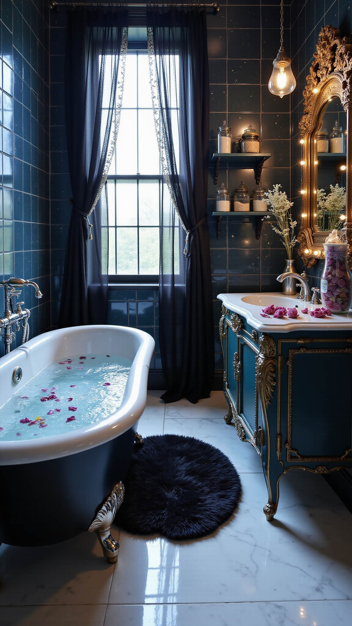 Whimsical Gothic bathroom with midnight blue tiled walls adorned with silver constellations, a clawfoot tub filled with iridescent bubbles and rose petals, ornate silver fixtures, vintage vanity with fairy-lit mirror, sheer black lace curtains, apothecary jars on glass shelves, black rug on white marble floor, bathed in soft morning light.