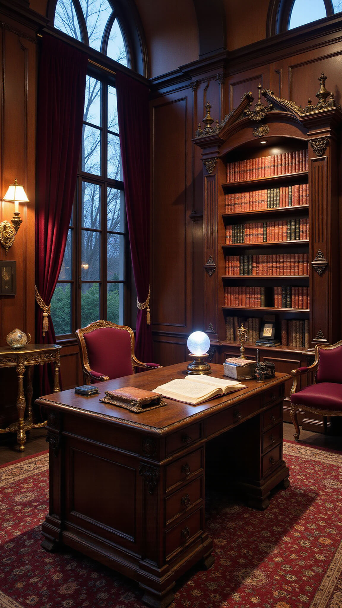 Gothic-inspired home office with mahogany paneling, carved desk, antique books, crystal ball, and velvet drapes at dusk, viewed from above.