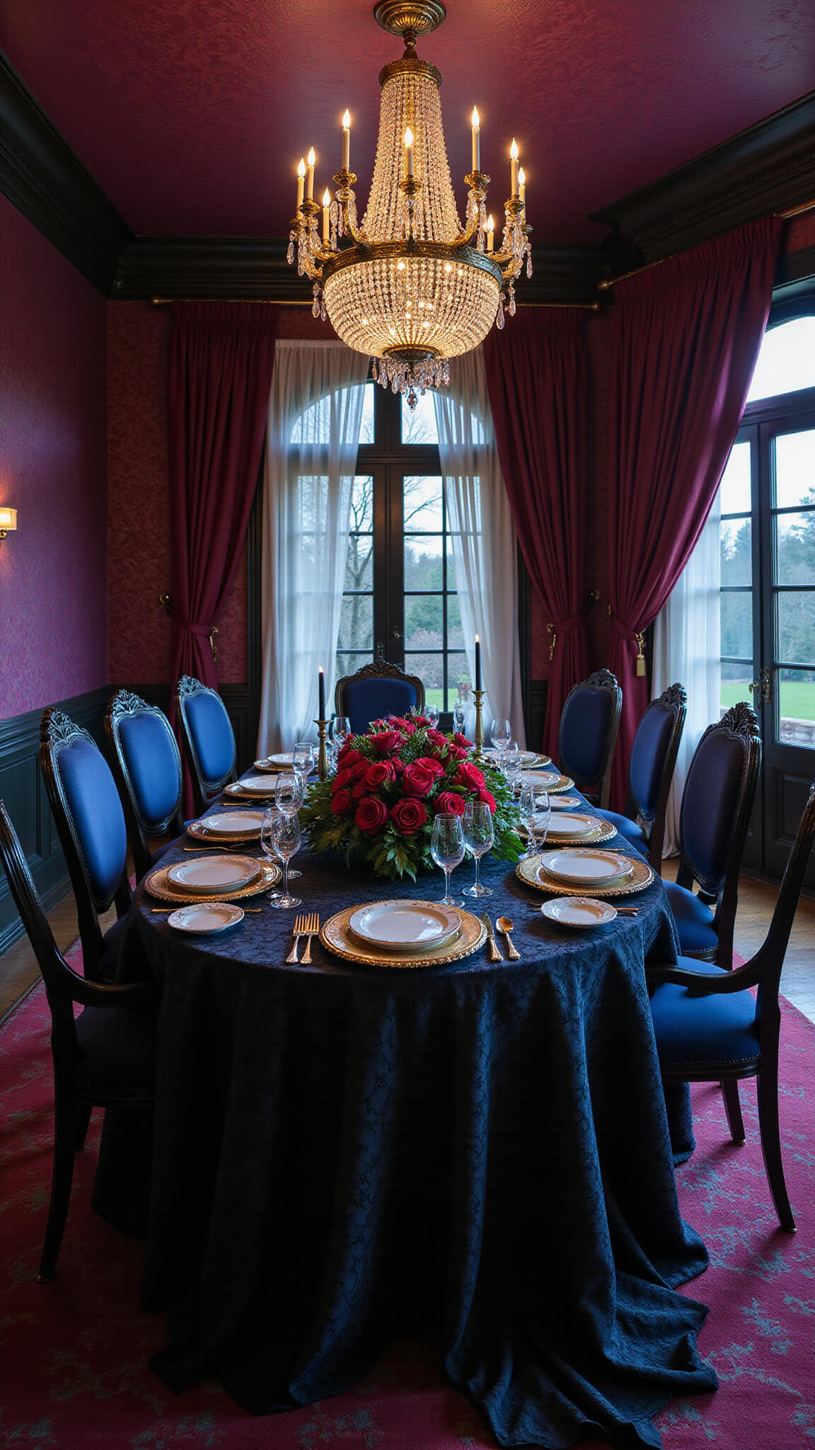 Gothic-style dining room with deep plum damask walls, a black lace-covered ebony table set with fine china and crystal, surrounded by midnight blue velvet chairs, illuminated by a crystal chandelier and black candles, with sheer curtains opening to a moonlit garden.
