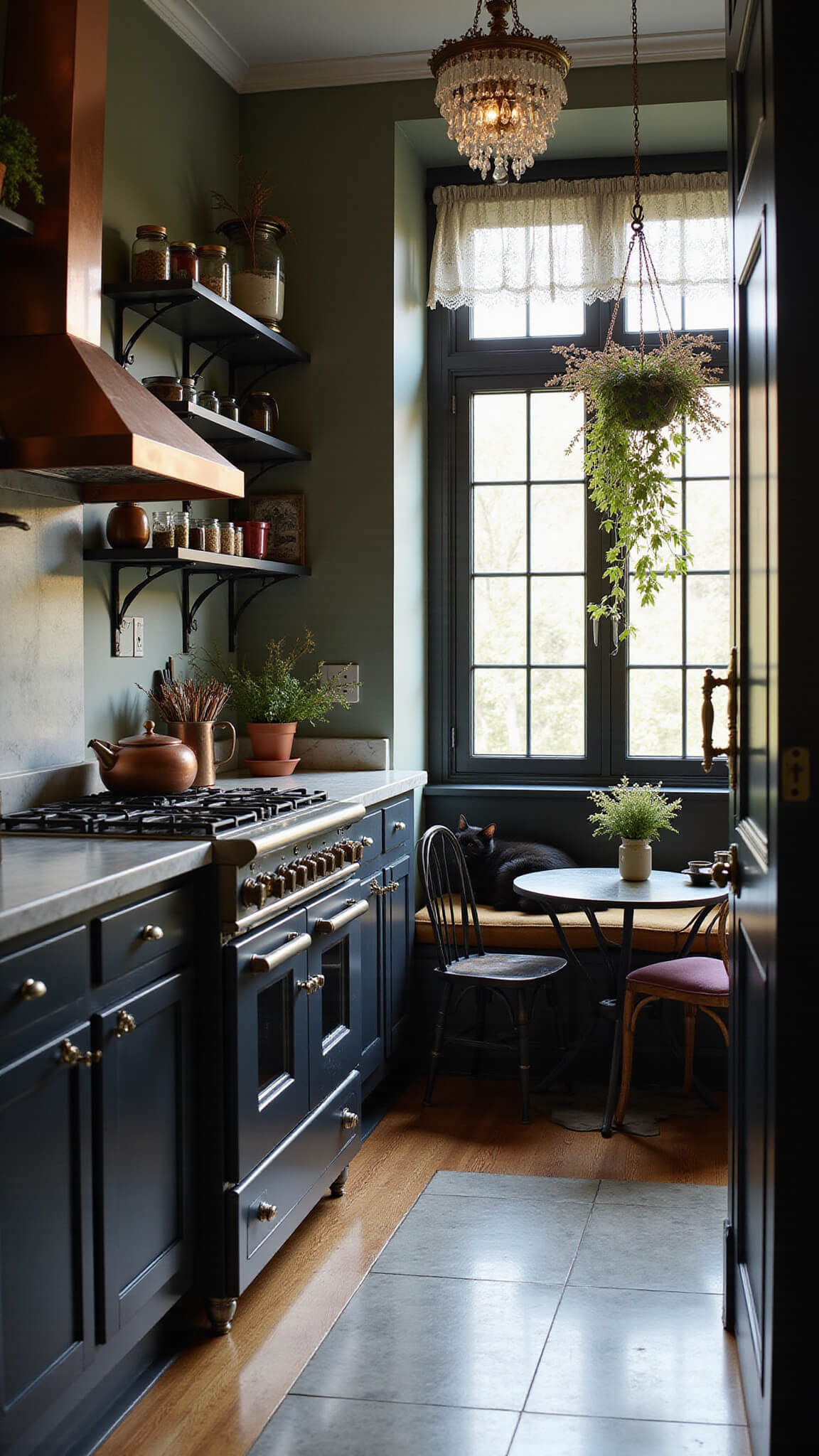 Whimsical Gothic kitchen with black cabinets, marble countertops, copper accents, apothecary shelves, crystal chandelier, and a black cat napping on a window seat in dawn light.