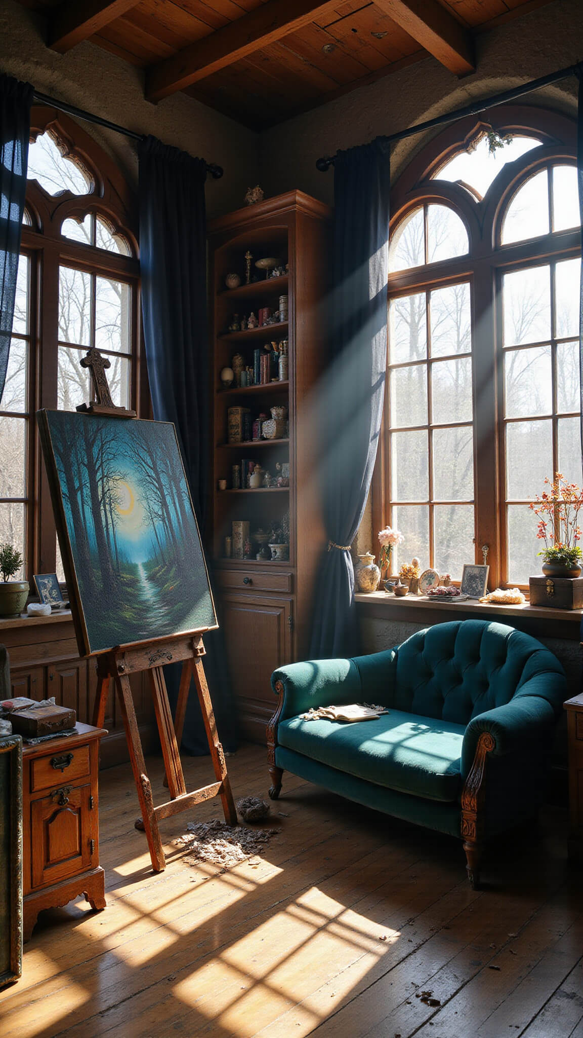 Gothic-inspired art studio with high ceilings, antique furnishings, and golden sunlight casting dramatic shadows across a moonlit painting, curiosities, and a teal velvet chaise lounge.