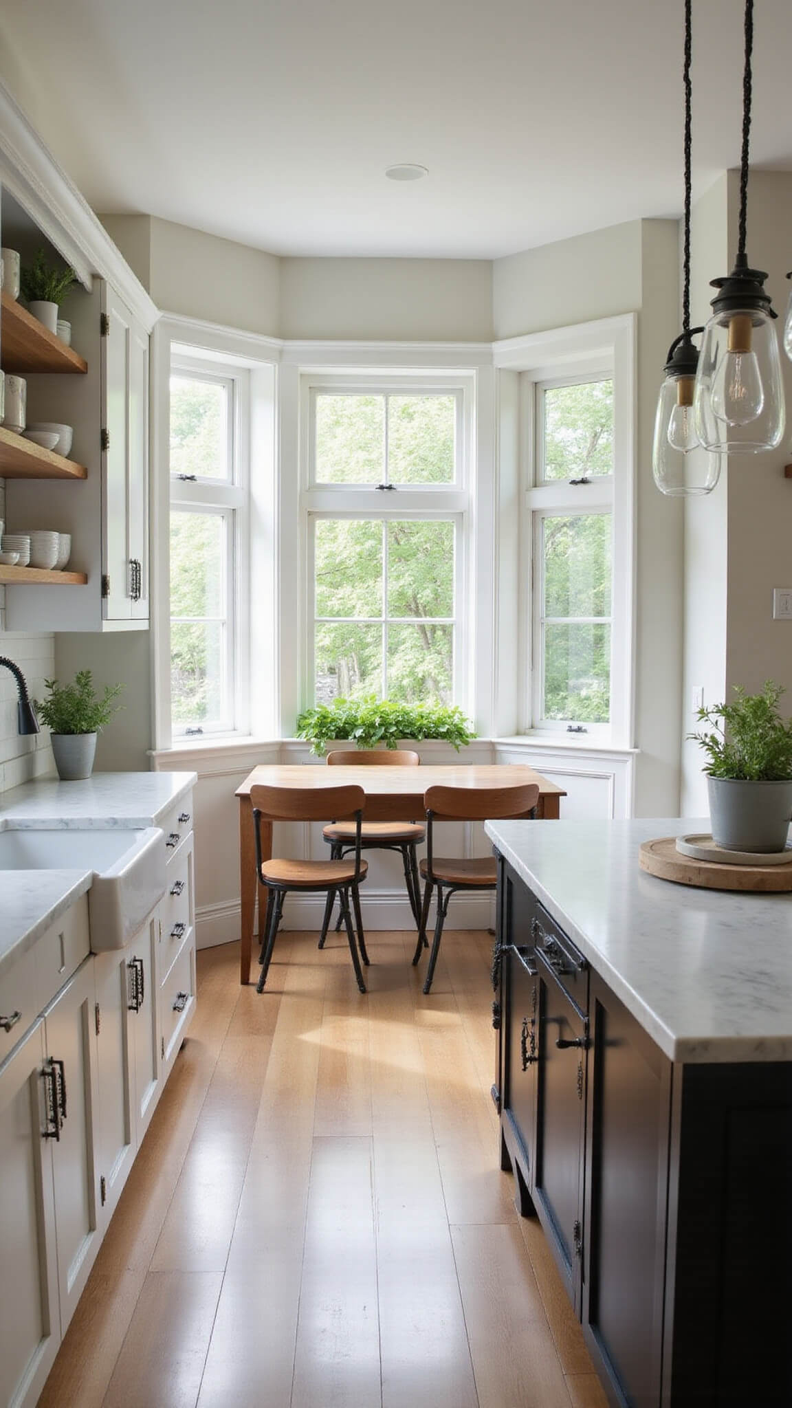 Modern farmhouse kitchen with white shaker cabinets, black island, marble countertops, farmhouse sink under bay window, open wood shelves, vintage wood table with metal chairs, and large windows letting in soft morning light.