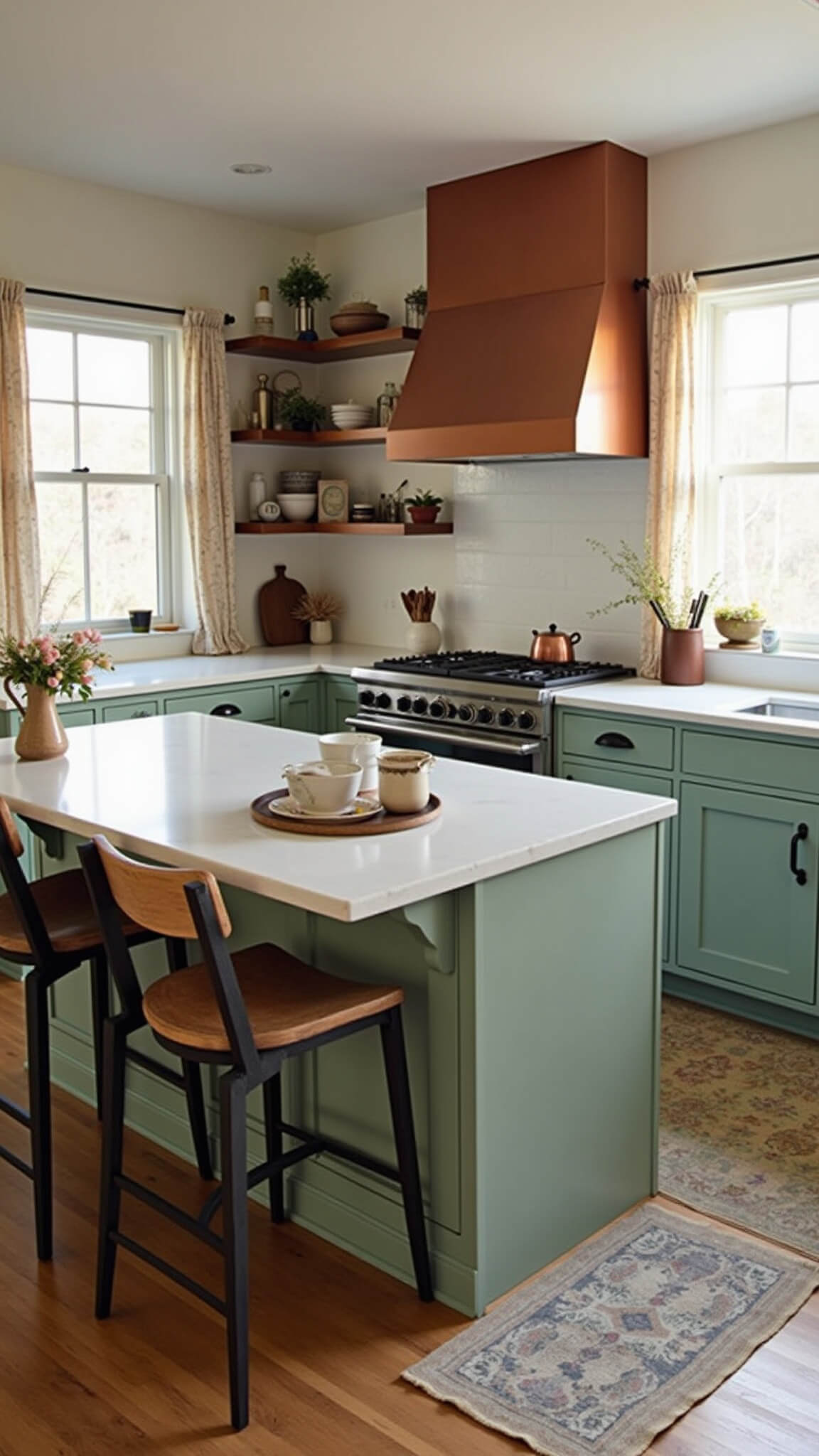 L-shaped modern farmhouse kitchen bathed in golden hour light, featuring sage green and white cabinets, a quartz island with wood stools, copper range hood, vintage rug, and fresh flowers.
