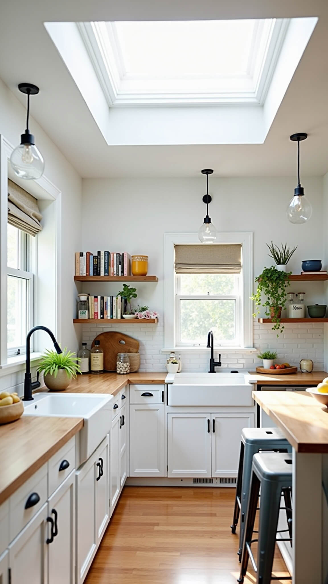 Bright modern farmhouse kitchen with white cabinetry, butcher block countertops, farmhouse sink, open shelving, and central island under skylight at midday.