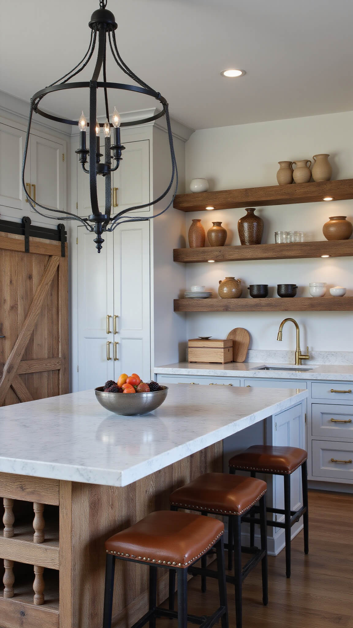 Modern farmhouse kitchen at dusk with gray cabinets, white marble countertops, black iron chandelier, rustic wood dining table, reclaimed wood shelves, sliding barn door, large island with wine rack and prep sink, leather barstools, and brass fixtures under warm ambient lighting.