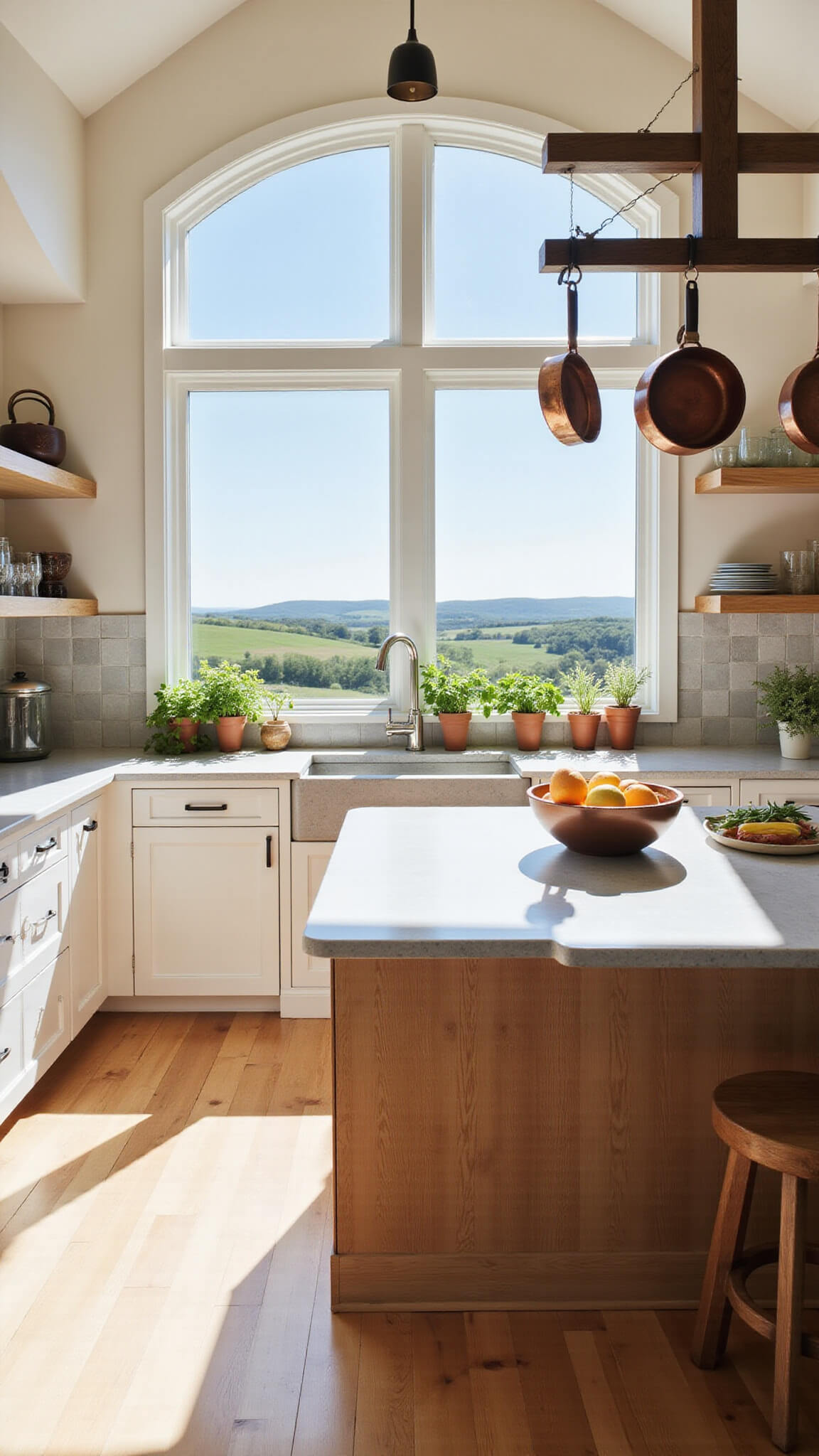 Modern farmhouse kitchen with white oak cabinets, large island, and floor-to-ceiling windows overlooking countryside.