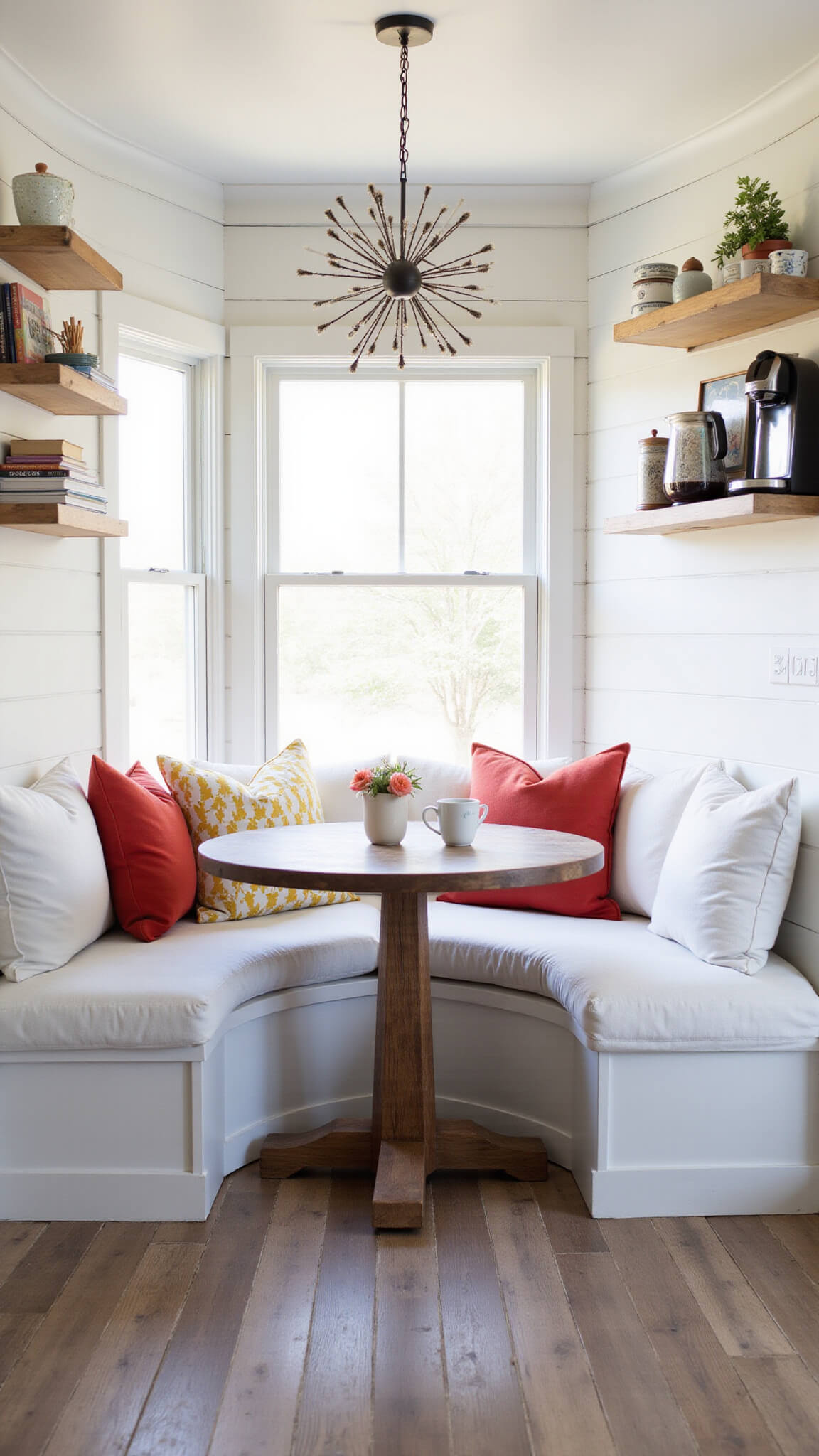 Cozy modern farmhouse kitchen nook with built-in banquette, round reclaimed wood table, sputnik chandelier, open shelving, and morning light streaming through a large window.