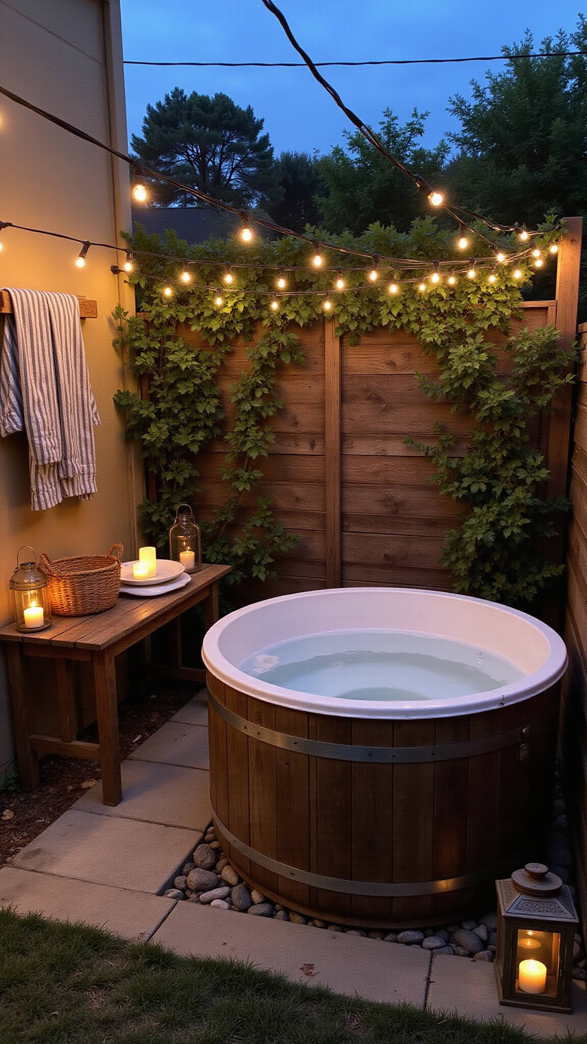 Rustic farmhouse patio corner at dusk with a round wooden hot tub, string lights, vintage lanterns, and climbing roses.