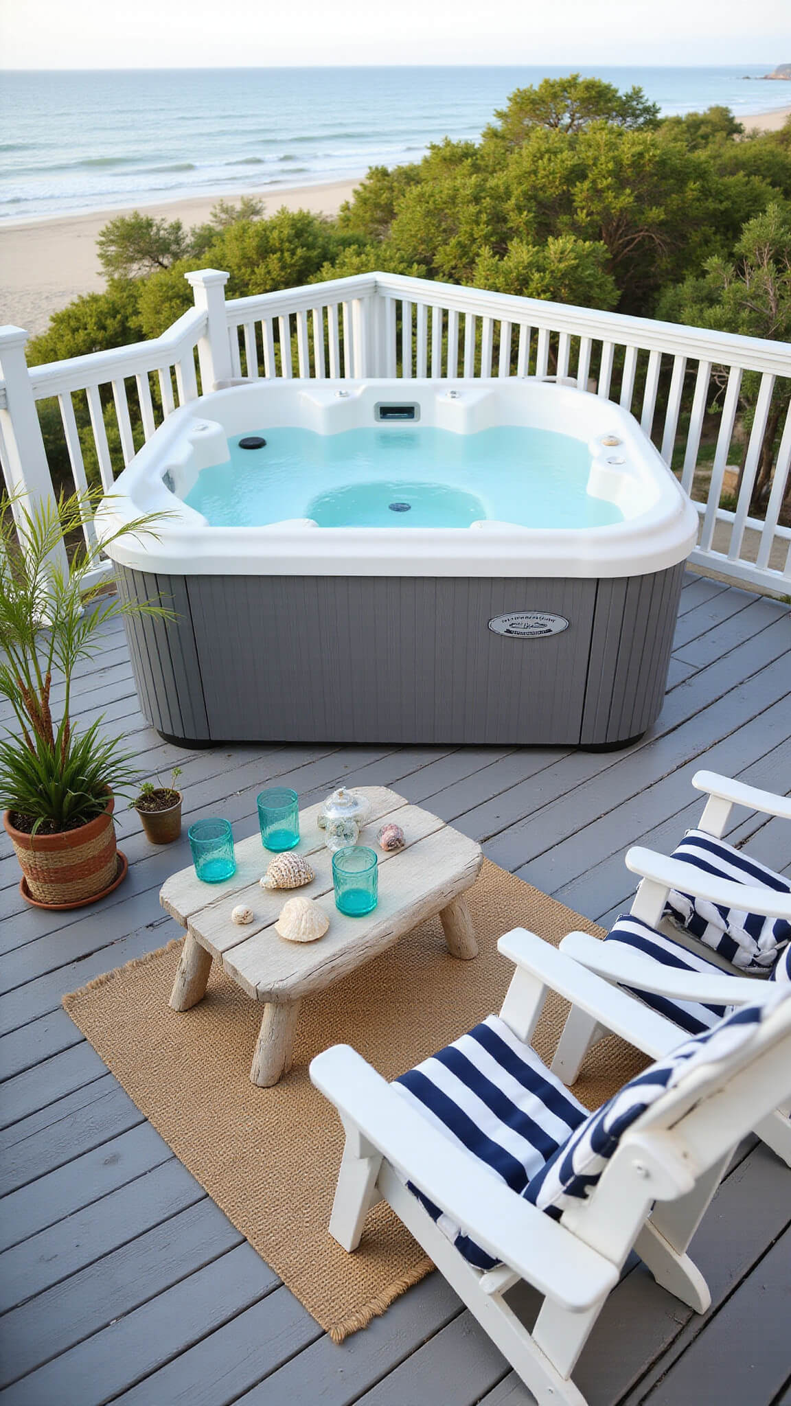 Coastal-themed deck with pearl white hot tub overlooking the ocean, striped Adirondack chairs, driftwood coffee table with seashells, potted palms, and a jute rug under natural daylight.