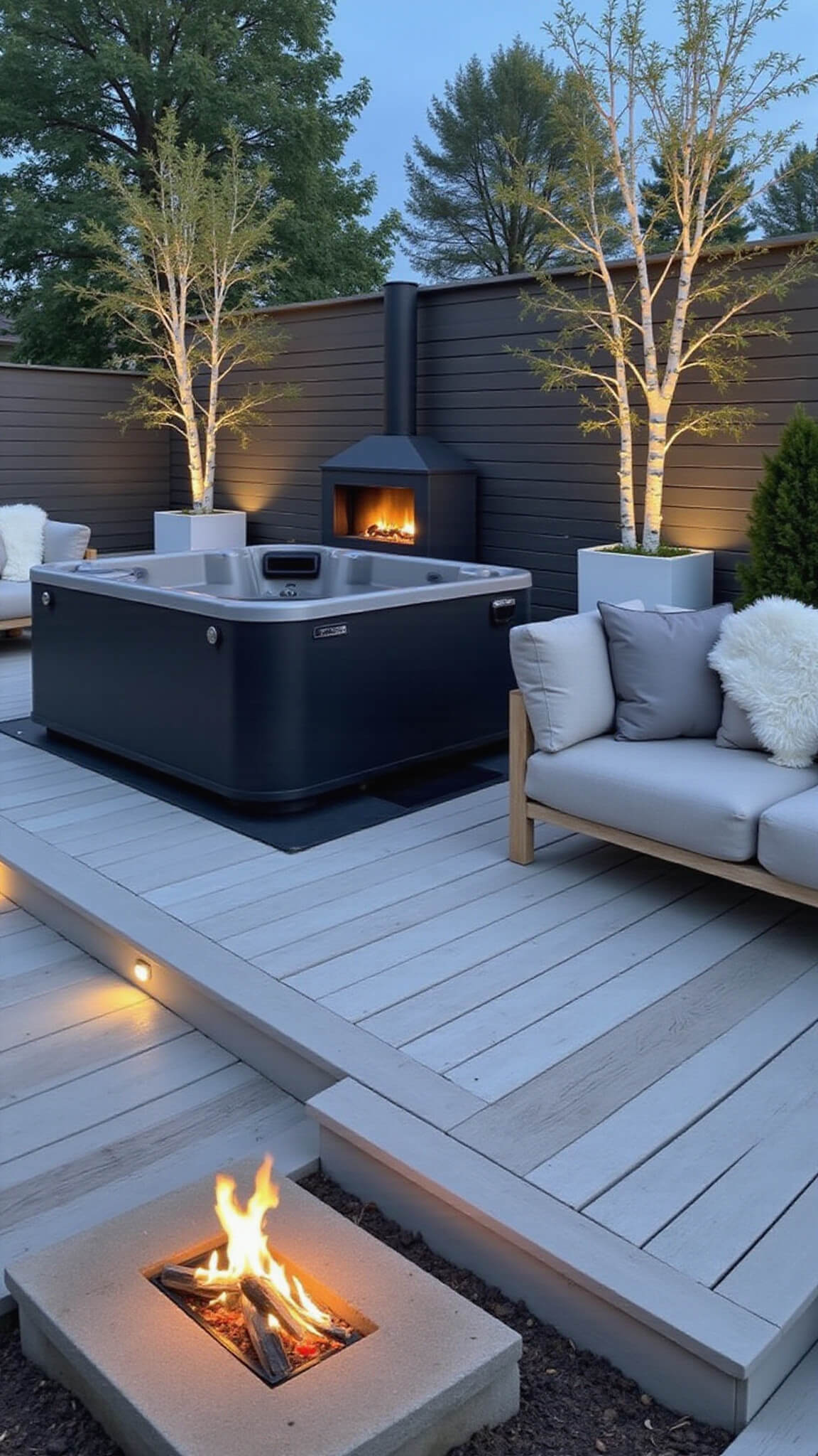 Scandinavian-style 18x18ft backyard retreat at twilight with sunken black hot tub, pale wood deck, minimalist furniture, outdoor fireplace, and birch trees in white planters.