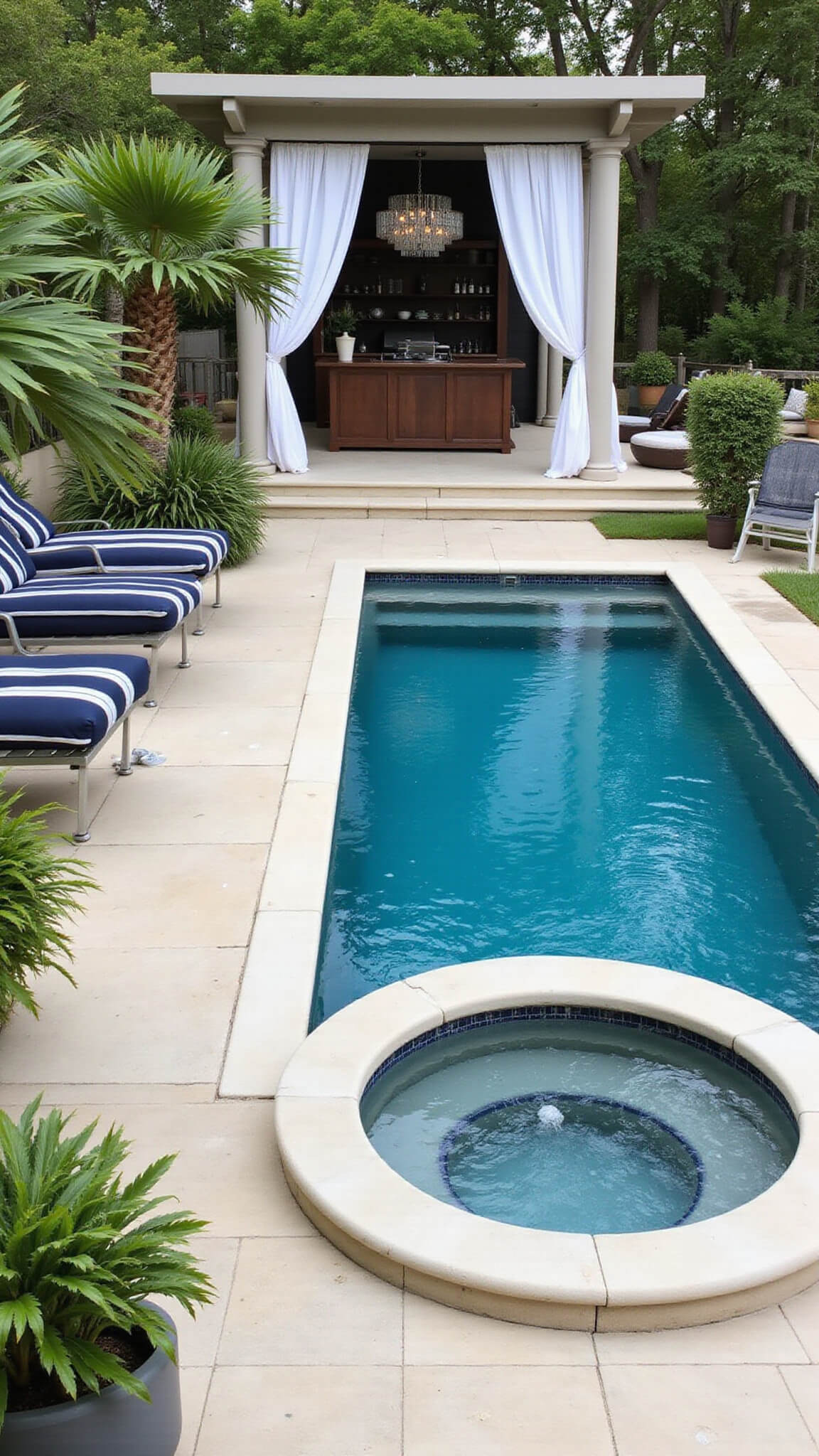 High-angle view of a luxurious resort-style backyard with an infinity hot tub and plunge pool, cream travertine decking, palm planters, navy-striped chaise lounges, and a cabana with flowing white curtains and chandelier.