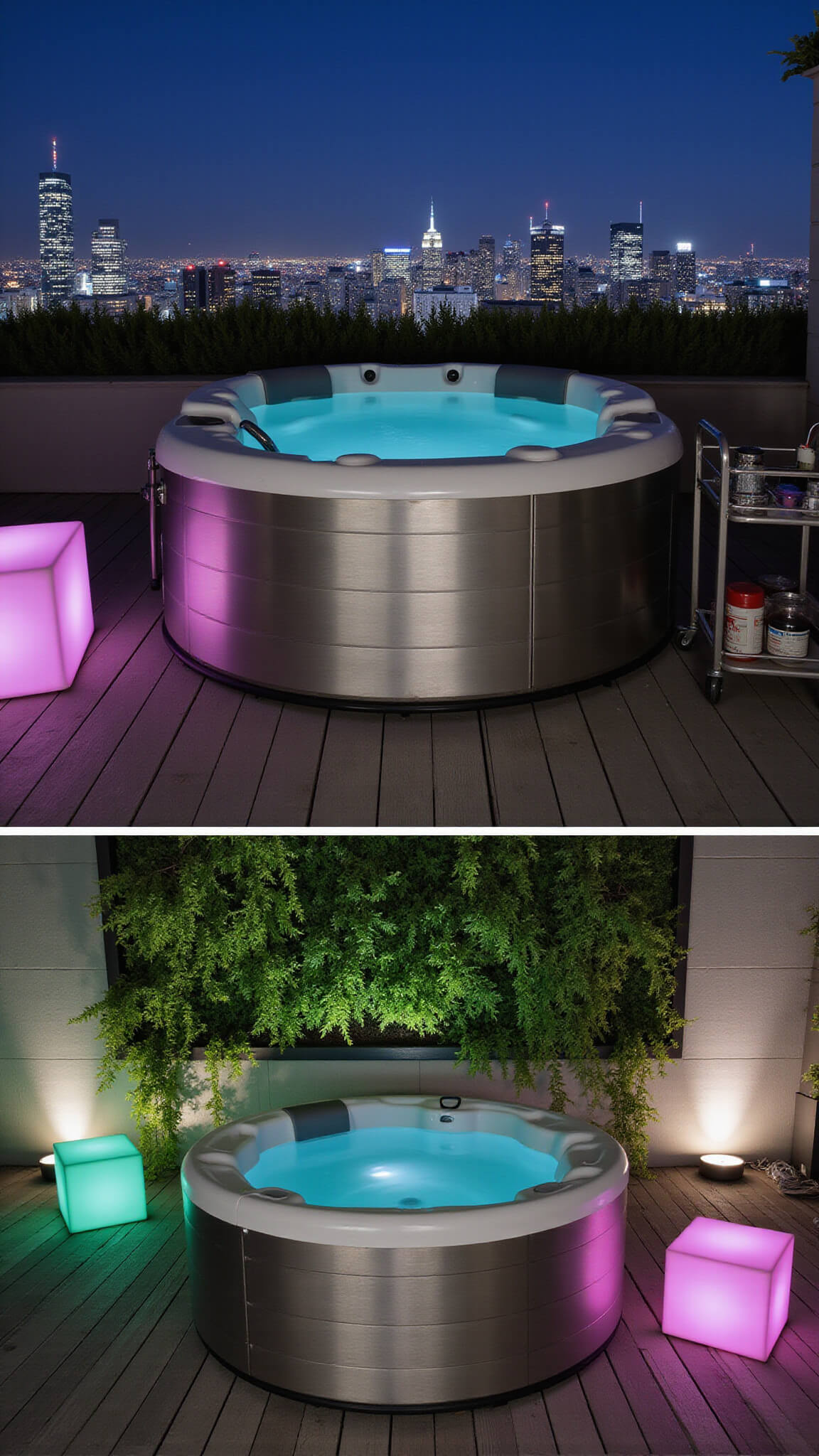 Nighttime urban rooftop terrace with stainless steel hot tub, LED cube seating, living green wall, and city skyline backdrop.