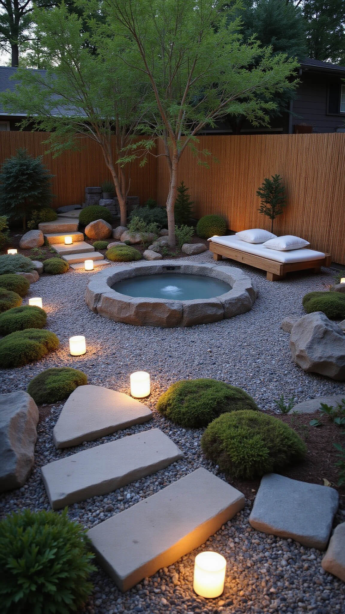 Zen garden backyard at dawn with hot tub, wooden walkway, glowing lanterns, bamboo screens, meditation platform, moss, maples, and waterfall feature.