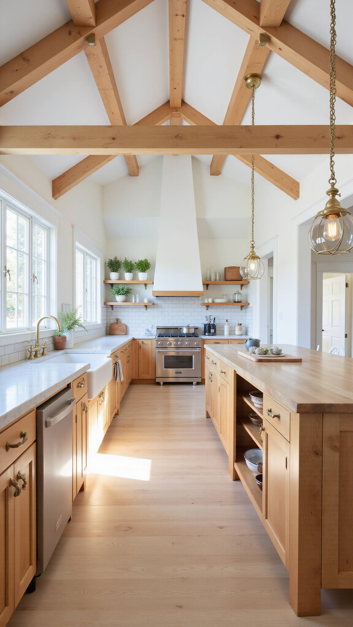 Sunlit open-concept kitchen with vaulted ceilings, light maple cabinets, central island with farmhouse sink, brass pendant lights, subway tile backsplash, stainless steel appliances, and potted herbs on open shelves.