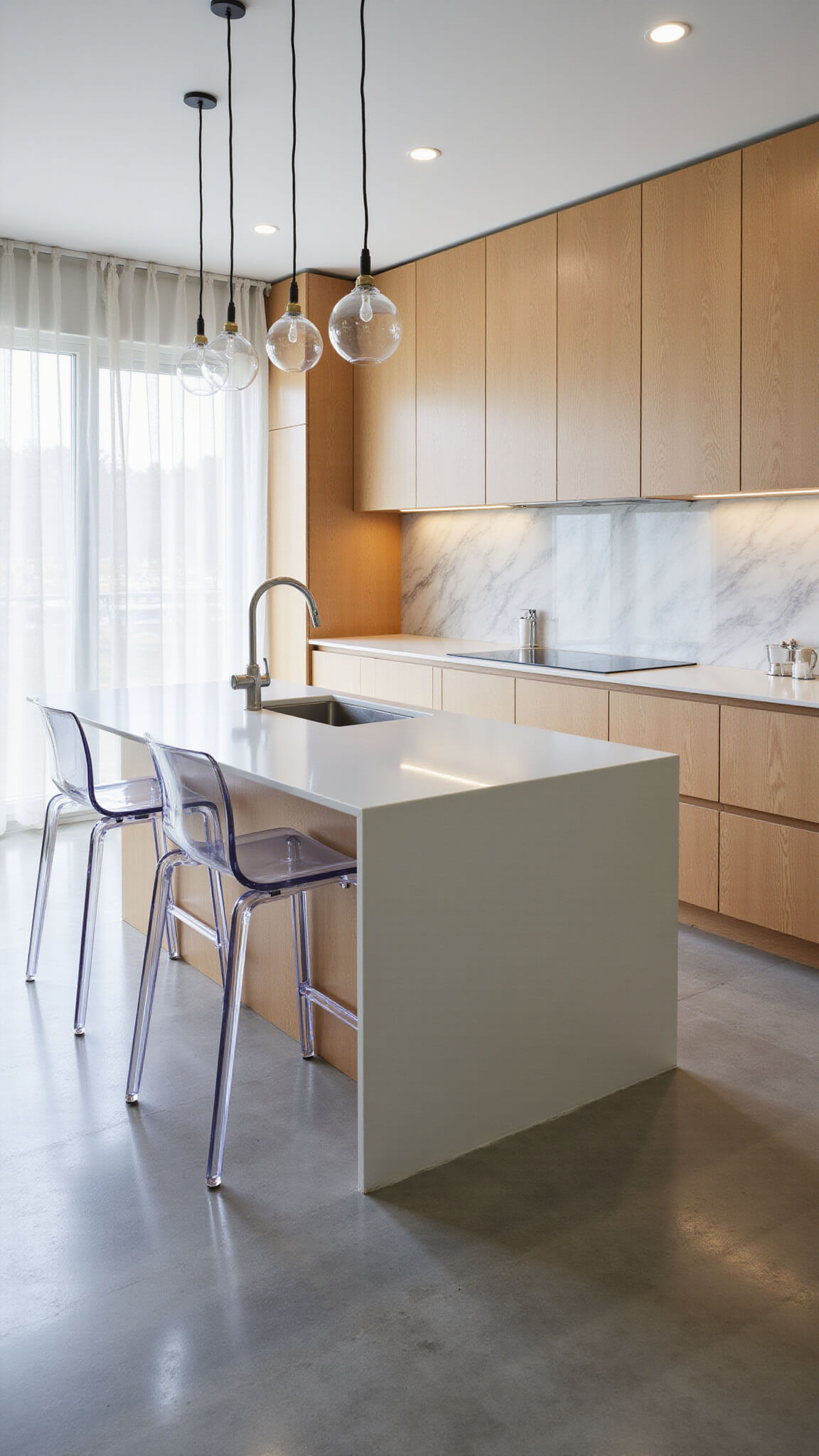 Minimalist kitchen with light maple cabinets, white waterfall quartz countertop, gray marble backsplash and flooring, acrylic stools, and pendant lights under soft early morning light.