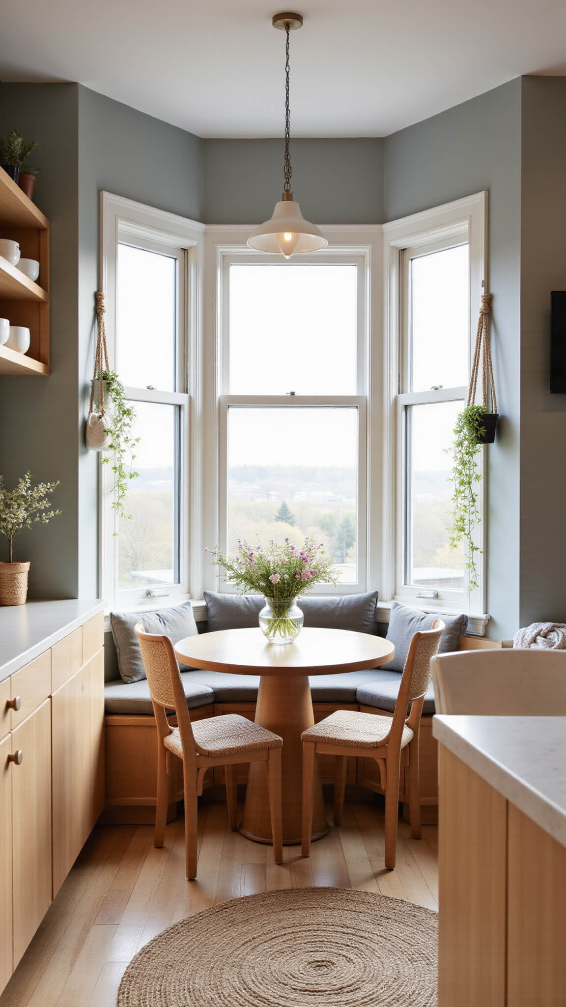 Scandinavian-style kitchen nook with light maple cabinets, round table, wildflowers centerpiece, and golden hour light streaming through a bay window.