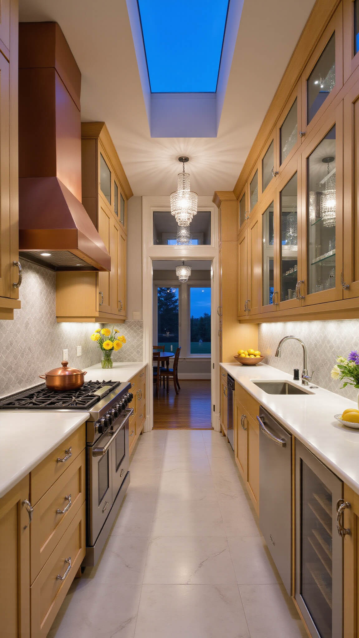 Elegant galley kitchen with light maple cabinets, glass-front uppers, marble countertops, copper range hood, and crystal chandeliers under twilight sky.