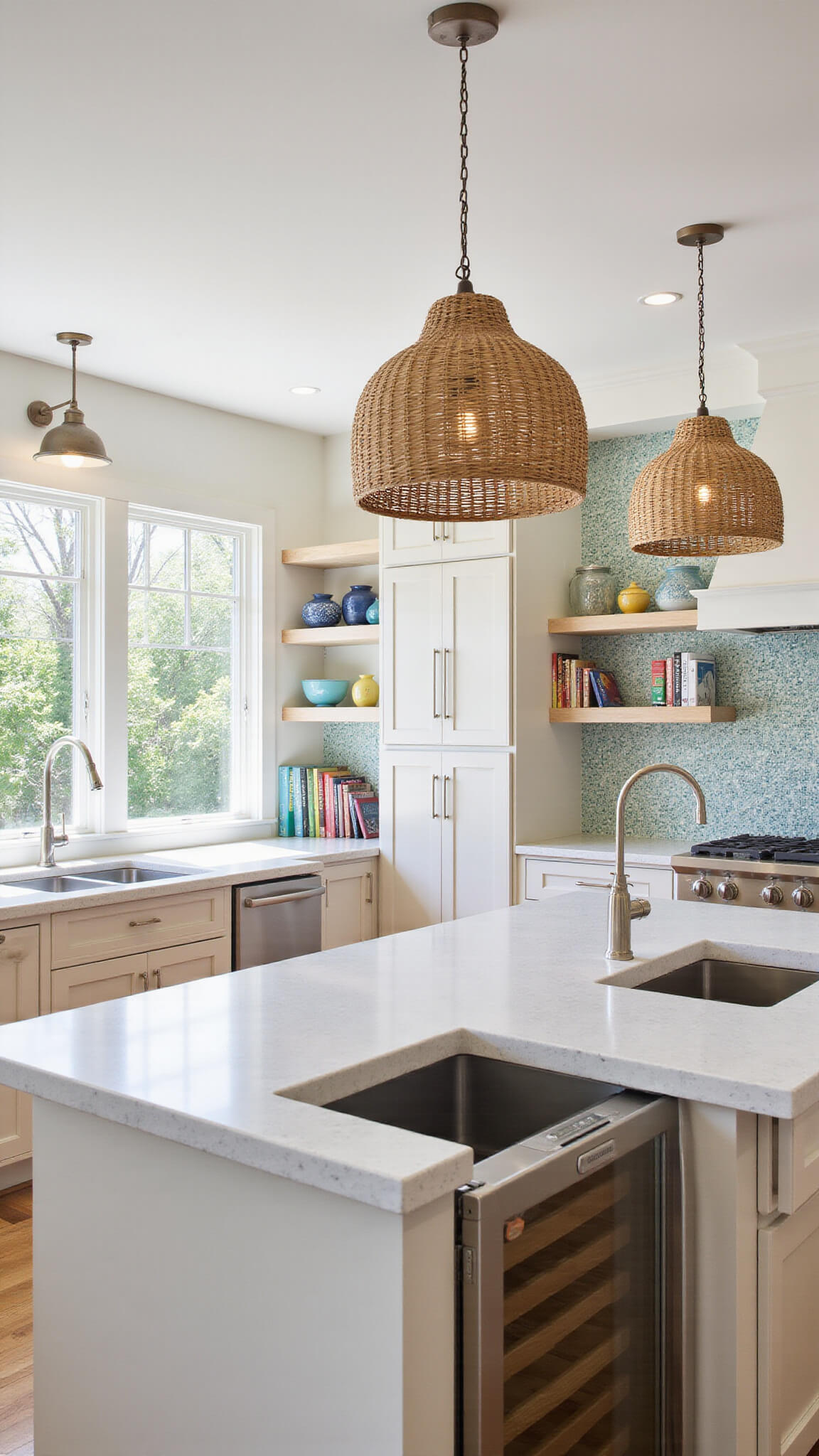 Bright, airy kitchen with light maple cabinets, large island, floor-to-ceiling windows, white quartz countertops, blue-green mosaic backsplash, rattan pendant lights, and a cozy breakfast nook with built-in banquette.