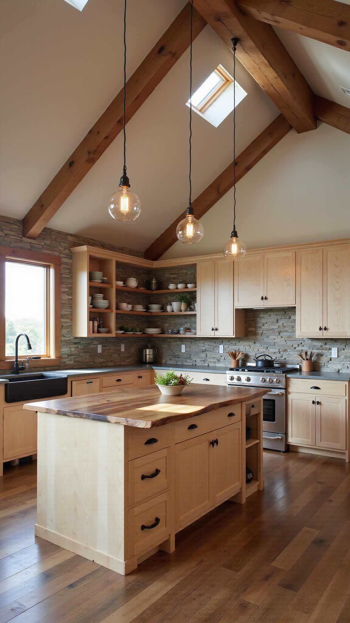 Rustic-modern kitchen with exposed beams, light maple cabinets, live-edge walnut island, stone pizza oven, clerestory windows, open shelving, and Edison bulb pendants.
