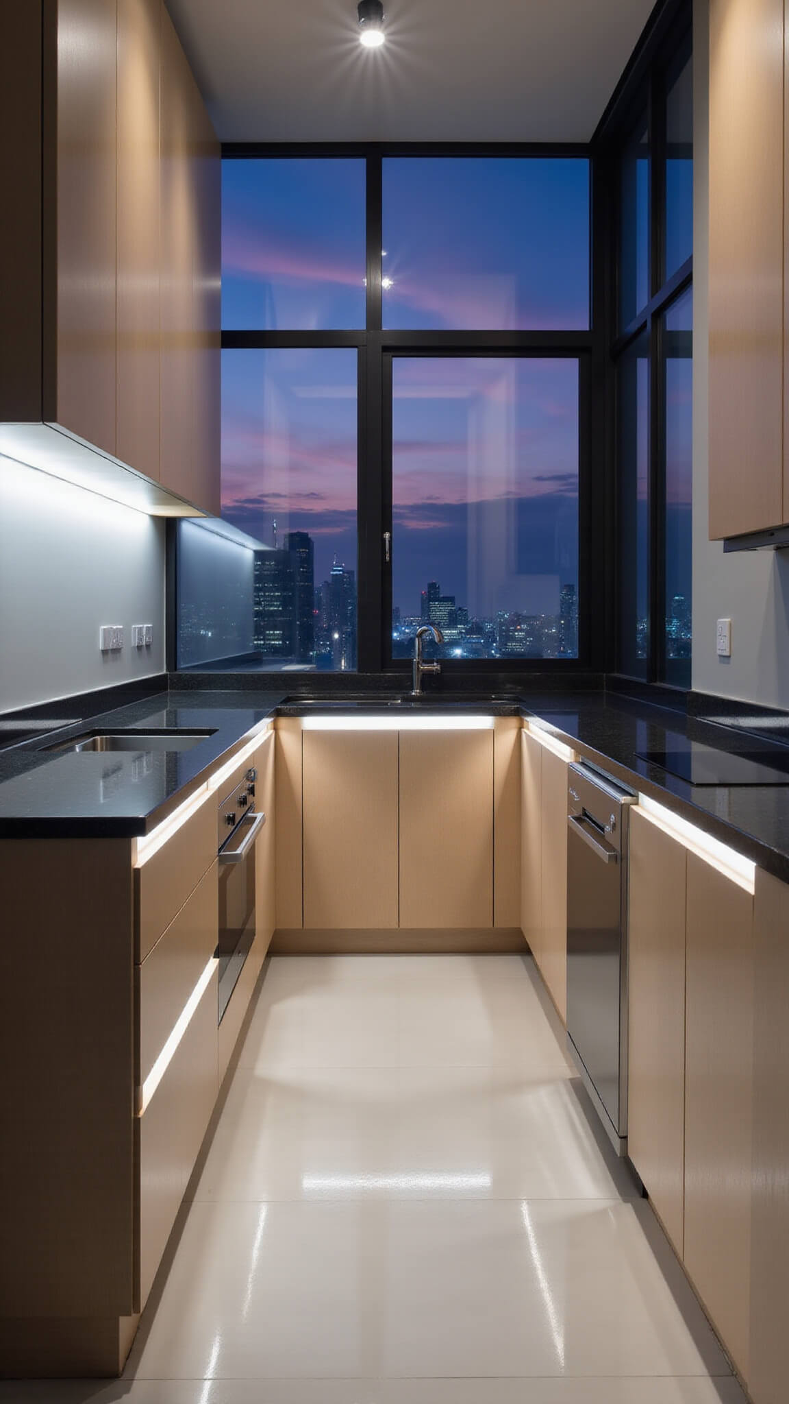 Ultra-modern compact kitchen with sleek light maple cabinets, integrated smart appliances, charcoal nano-glass countertops, LED-lit edges, and a high-tech island workstation.