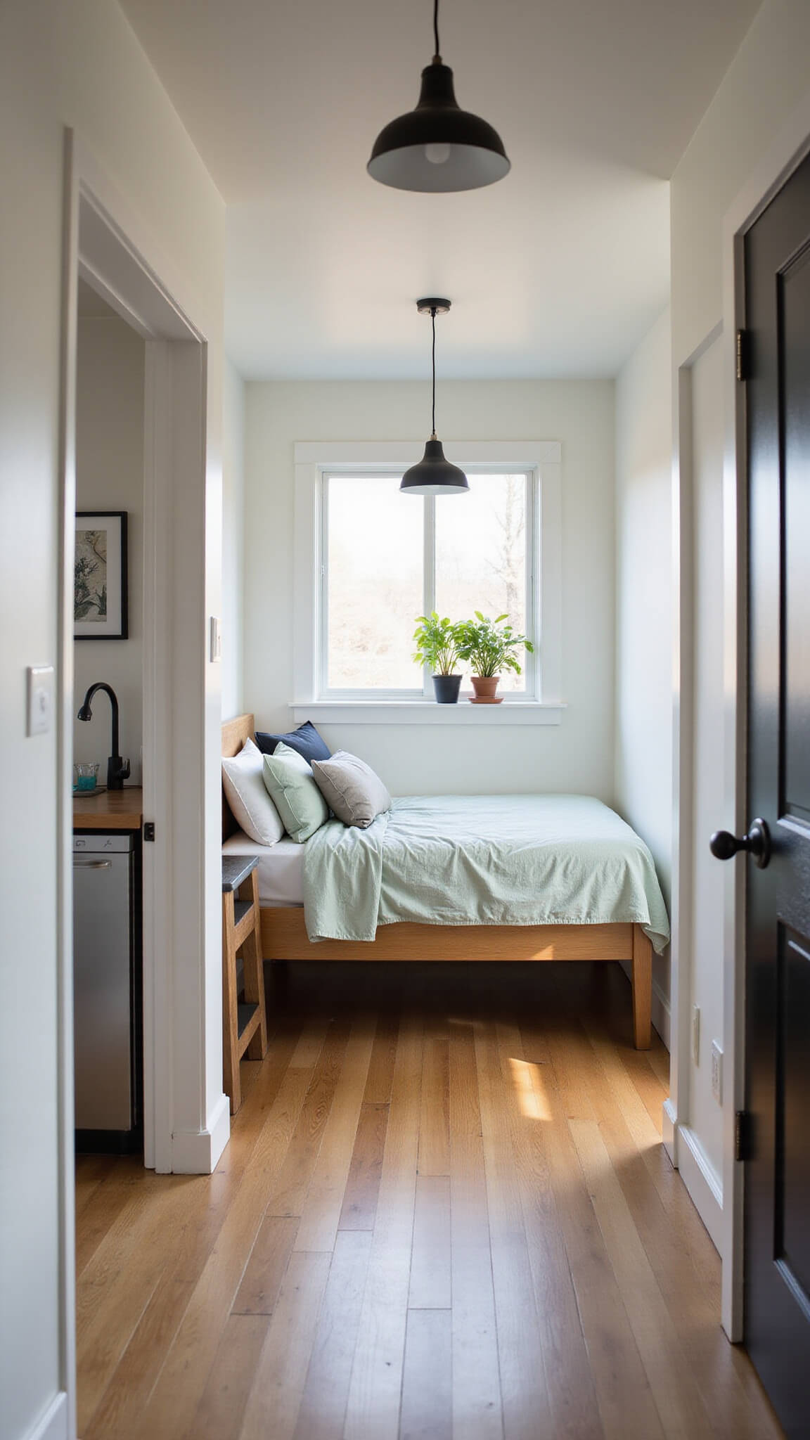 Wide-angle view of a modern 200 sq ft prefab guest house interior with natural light, a folded Murphy bed revealing a compact office, matte black kitchenette, white and warm wood tones, sage green plants, and minimalist decor.