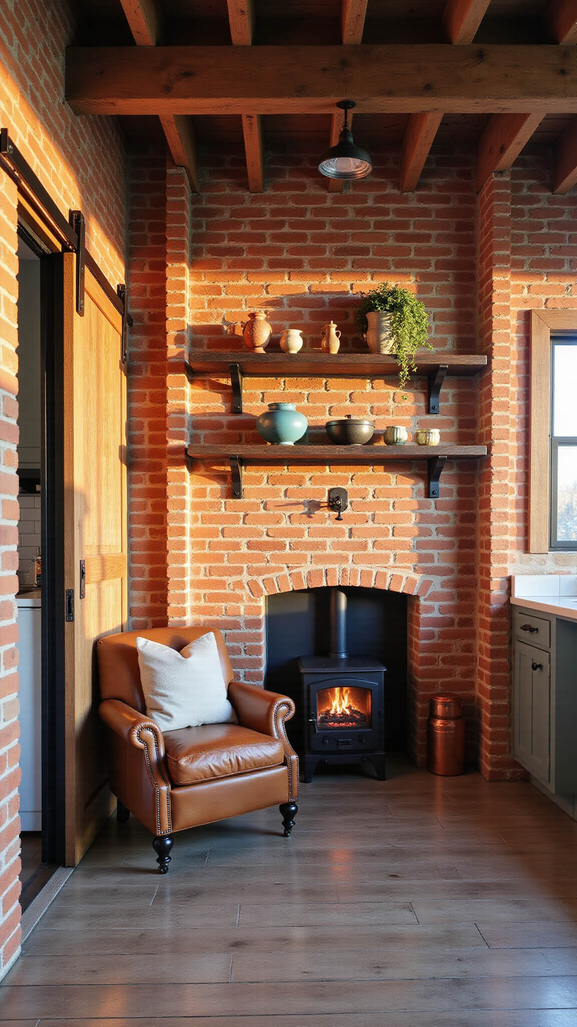 Cozy converted garage guest house at golden hour with exposed brick, vintage leather armchair, rustic fireplace, and warm wood textures.