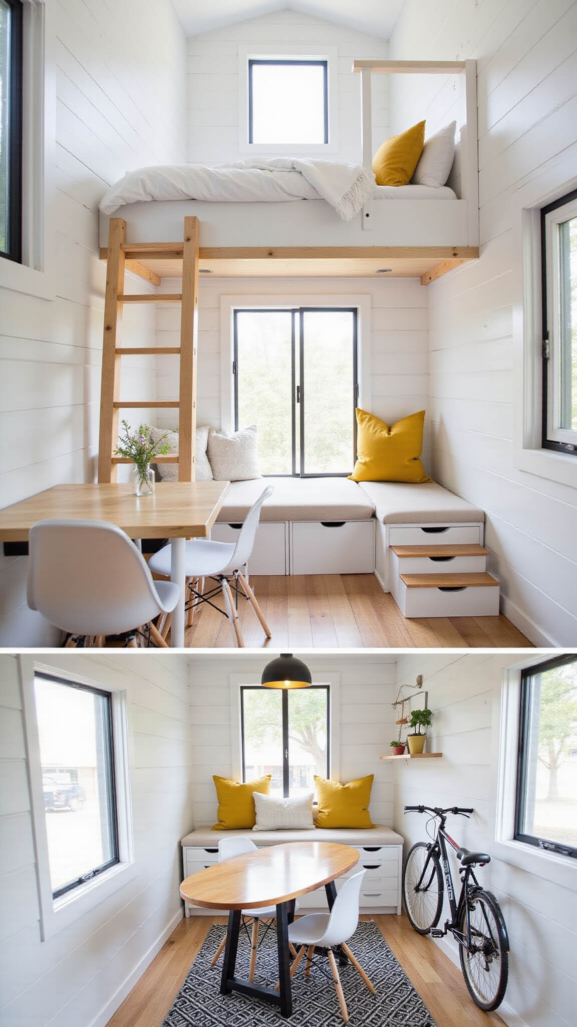 Scandinavian-style tiny house guest room with loft bed, white shiplap walls, black-framed windows, compact dining area, and bright mustard yellow accents.