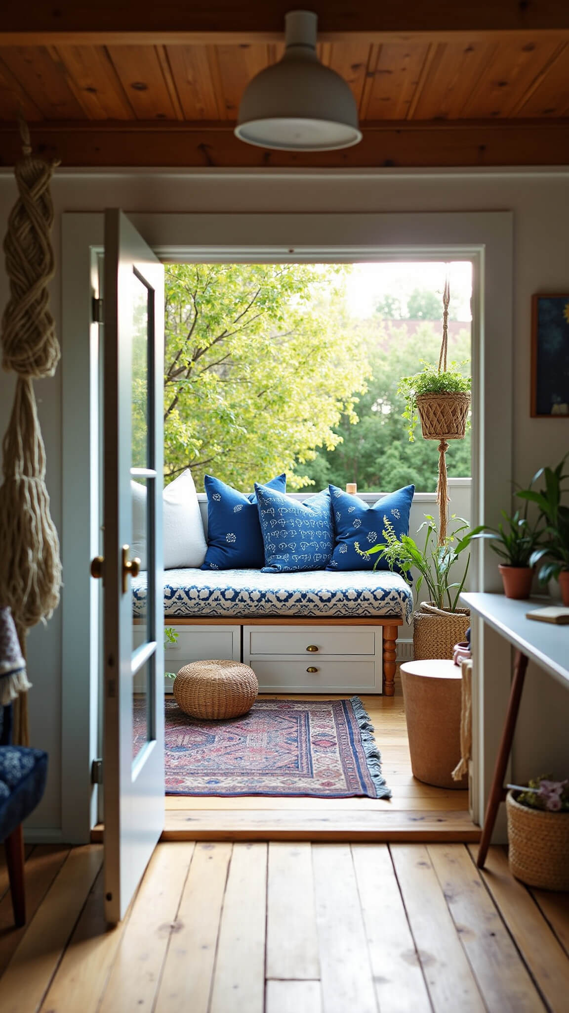 Cozy 180 sq ft studio with French doors open to garden deck, daybed with indigo pillows, writing desk facing greenery, and warm afternoon light casting soft shadows.