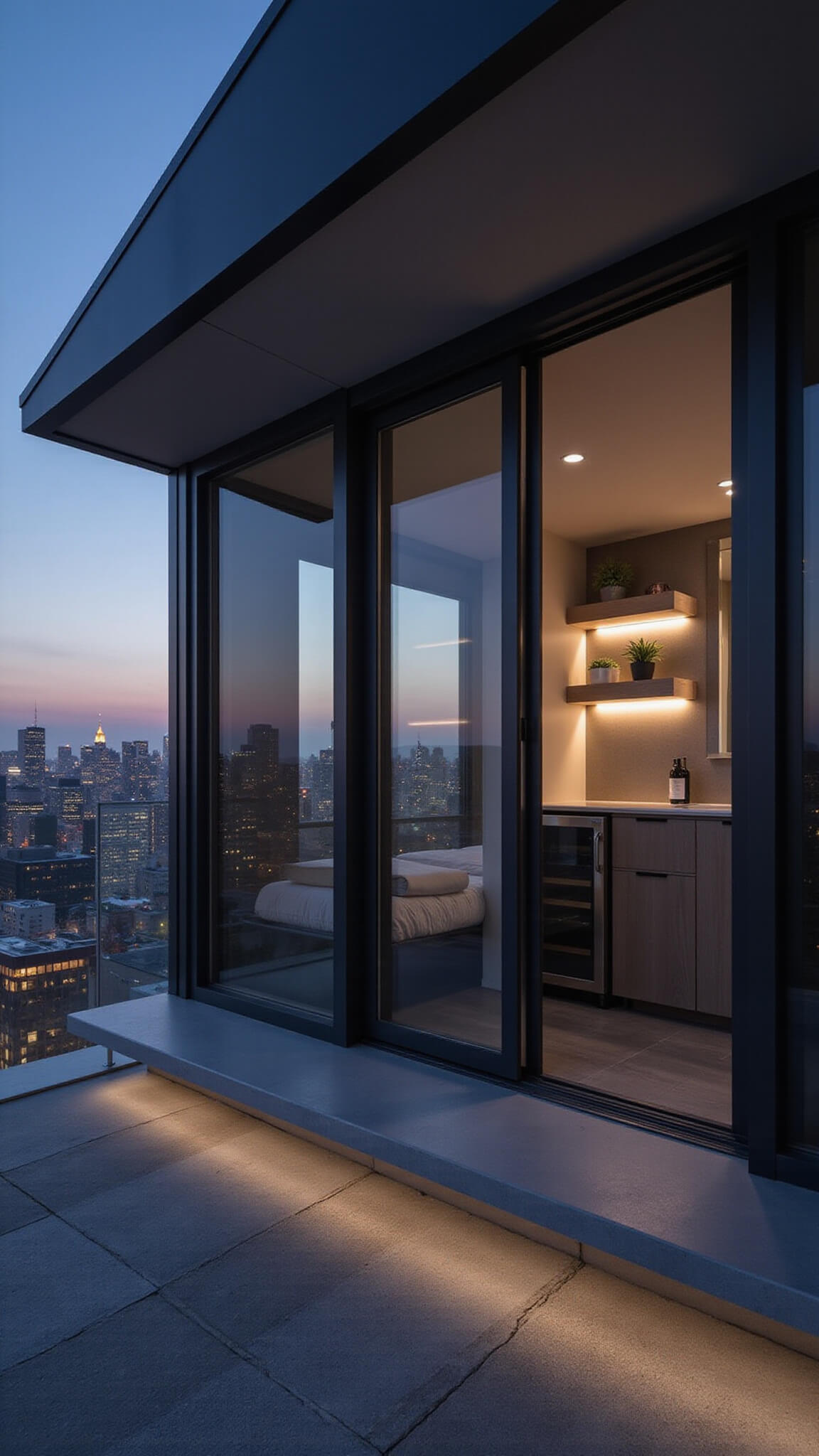 Modern 220 sq ft guest pod at twilight with floor-to-ceiling windows, a floating bed, sleek kitchenette, frosted glass bathroom, and city skyline view.