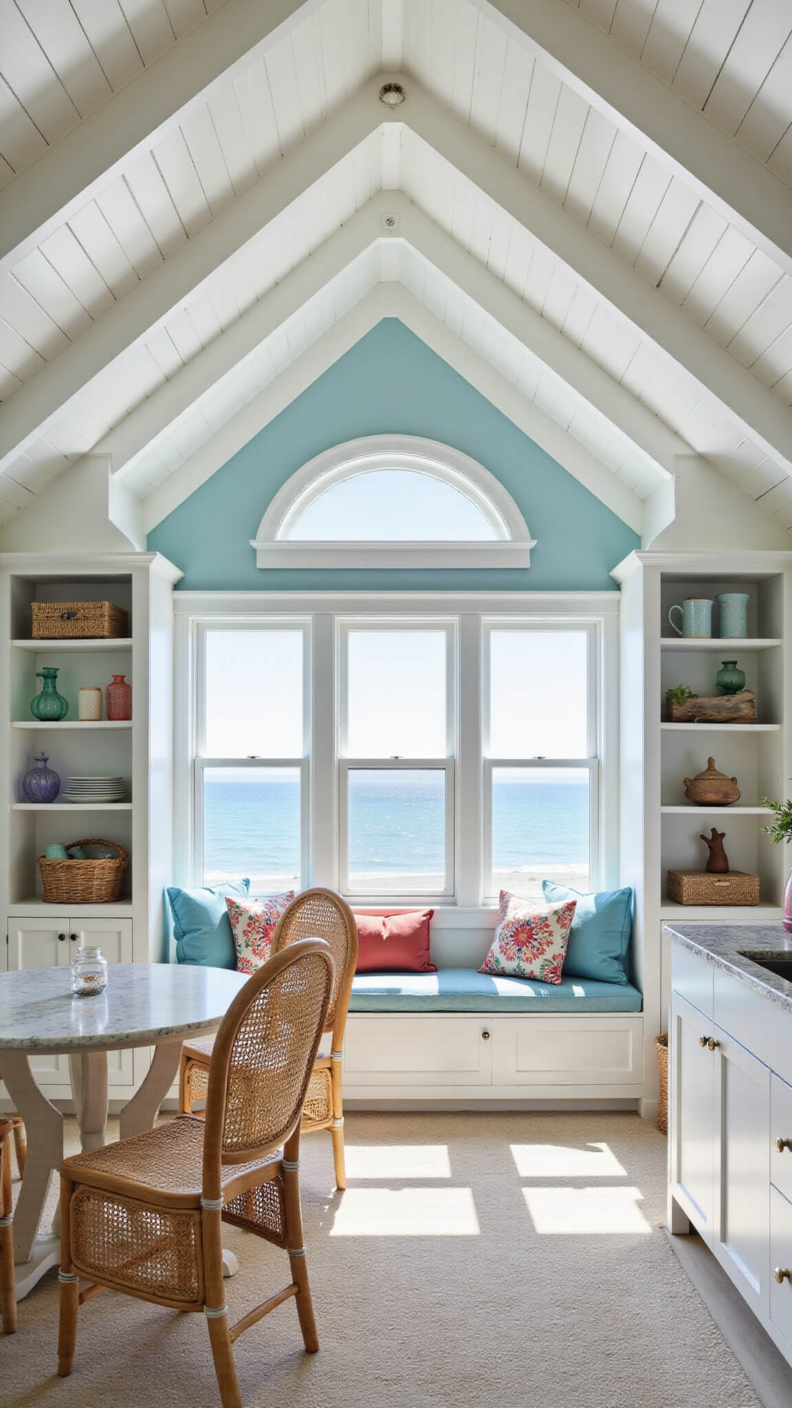 Coastal guest cottage interior with ocean-view window seat, whitewashed beams, and beach-themed decor in soft blues and coral accents.