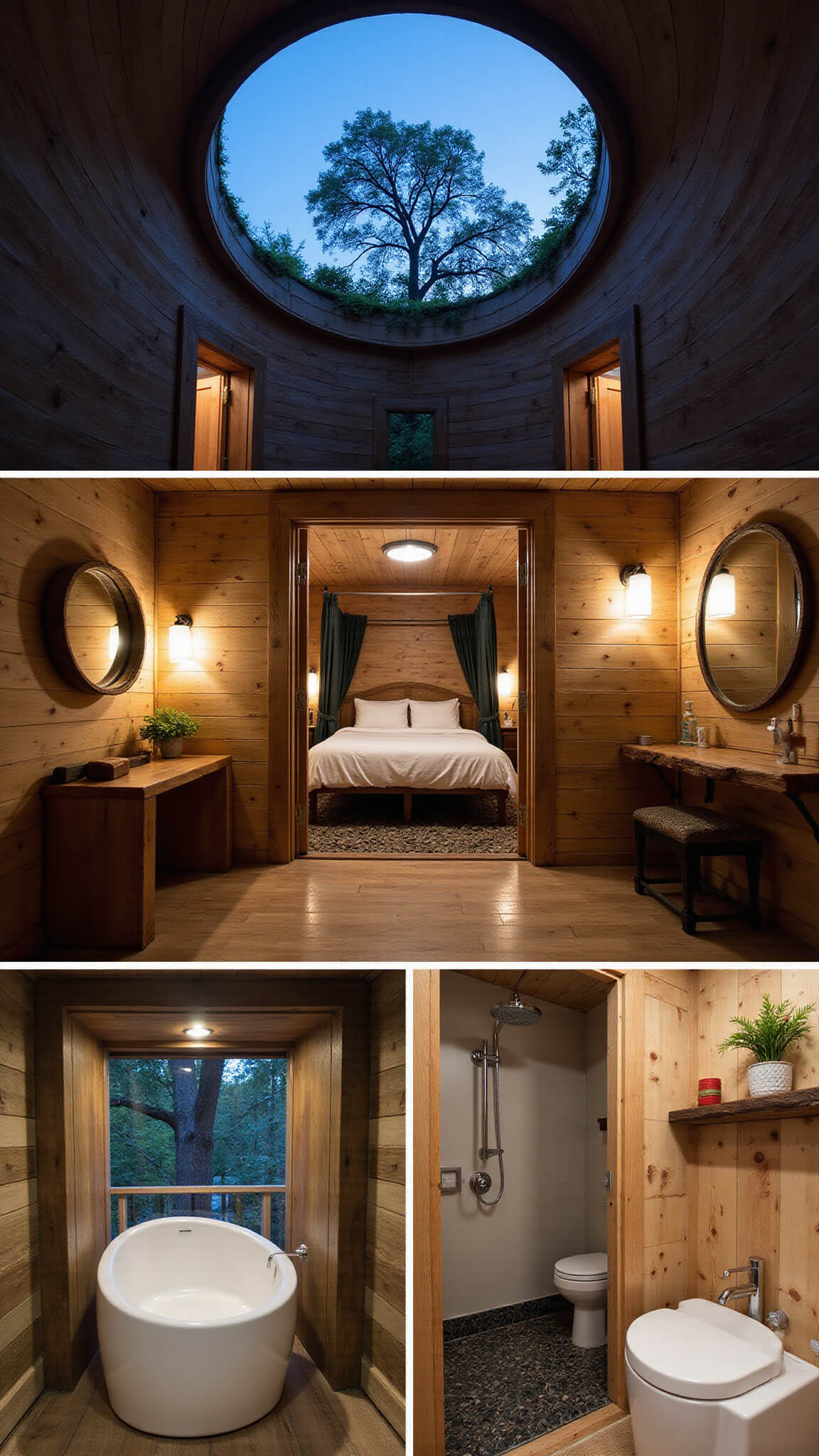 Eco-friendly circular treehouse at dusk with living roof, central skylight, canopy bed, and reclaimed wood furnishings, viewed from entrance with warm interior lighting.