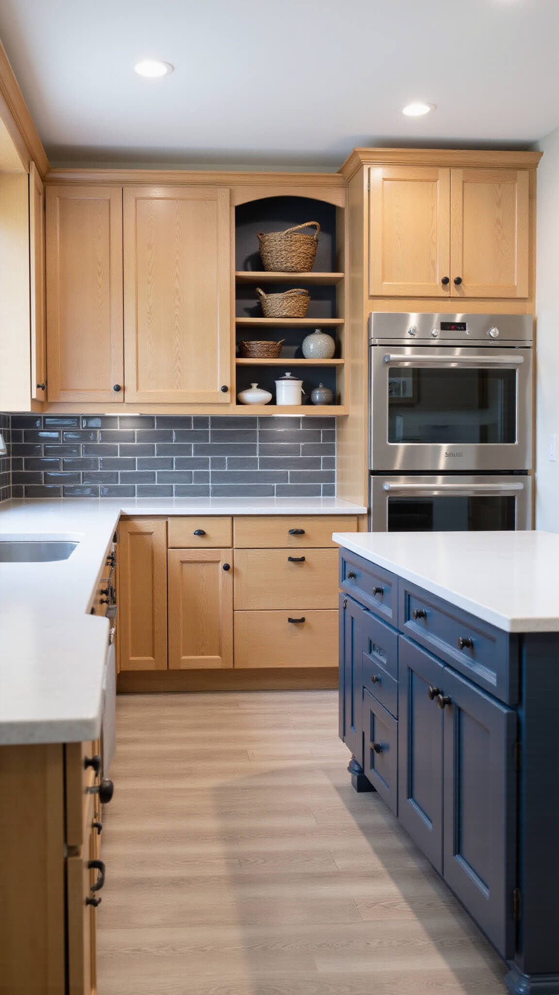 Spacious 12x15ft kitchen with light maple cabinets, white quartz countertops, charcoal gray backsplash, navy accent wall, slate blue island, and stainless steel appliances bathed in morning light.