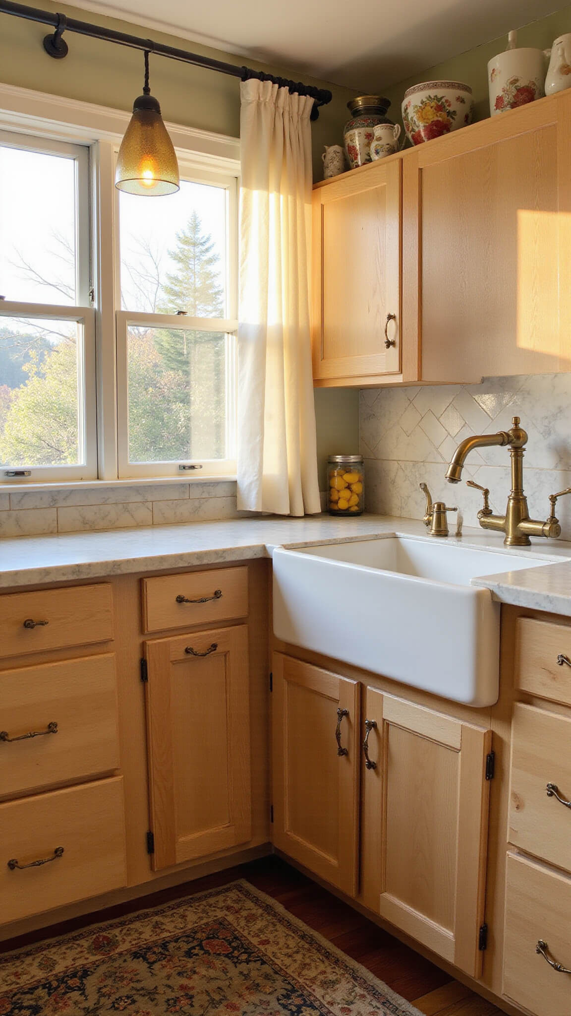 Sunlit farmhouse kitchen with light maple cabinets, white marble countertops, bronze sink, and vintage rug at golden hour.