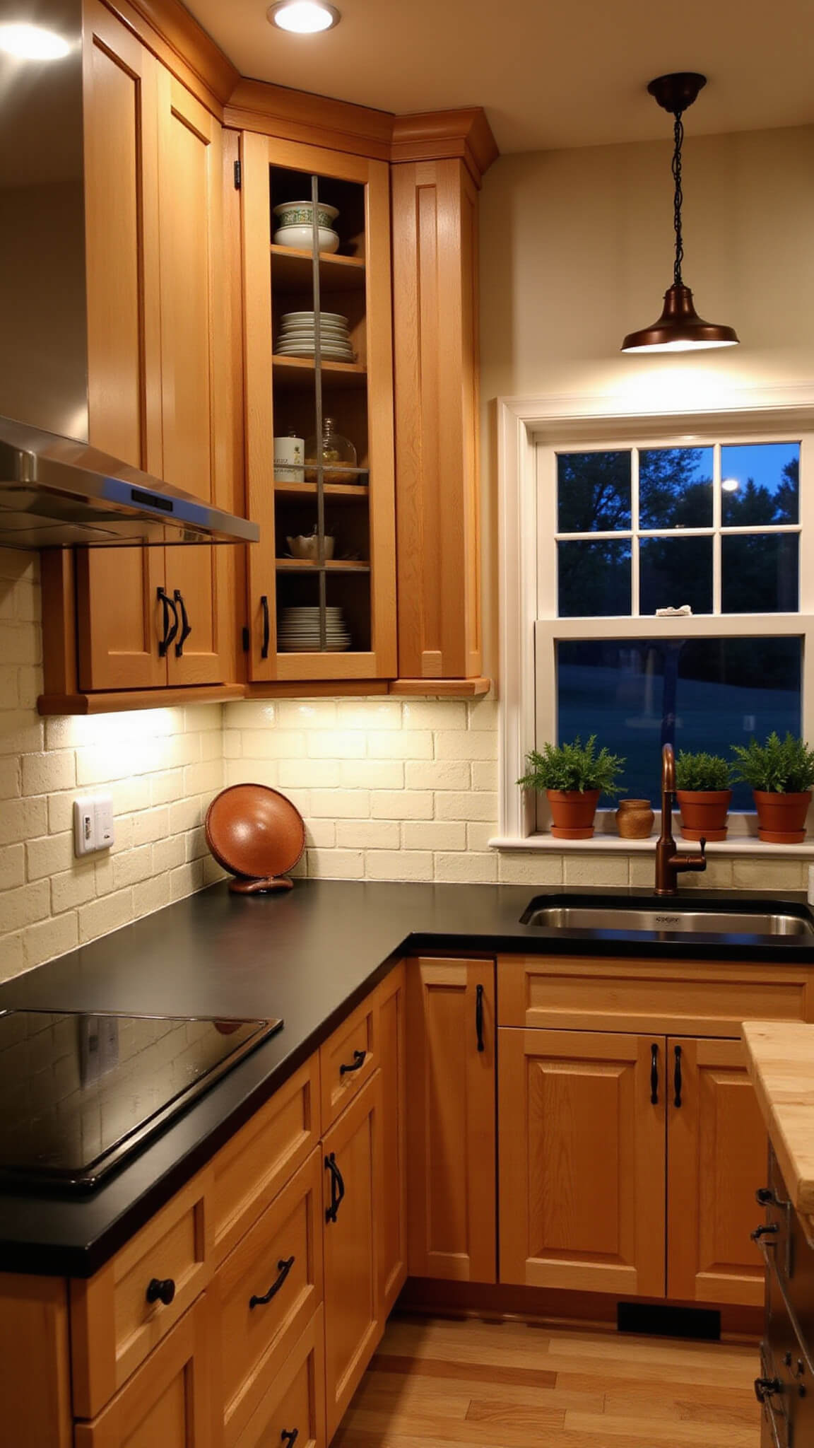 Cozy evening kitchen with warm lighting, maple cabinets, soapstone countertops, copper farmhouse sink, cream zellige tile backsplash, and herbs on the windowsill.