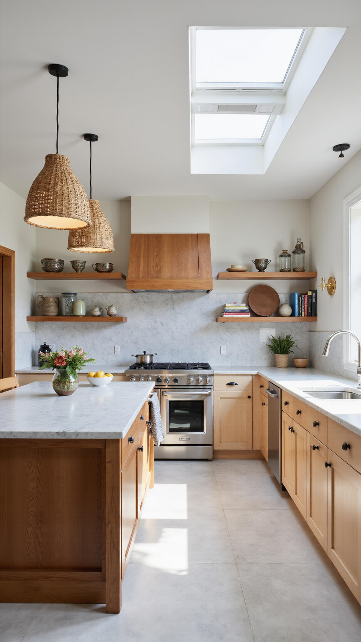 Bright kitchen with light maple cabinets, quartz countertops, marble backsplash, and a central island under rattan pendant lights.