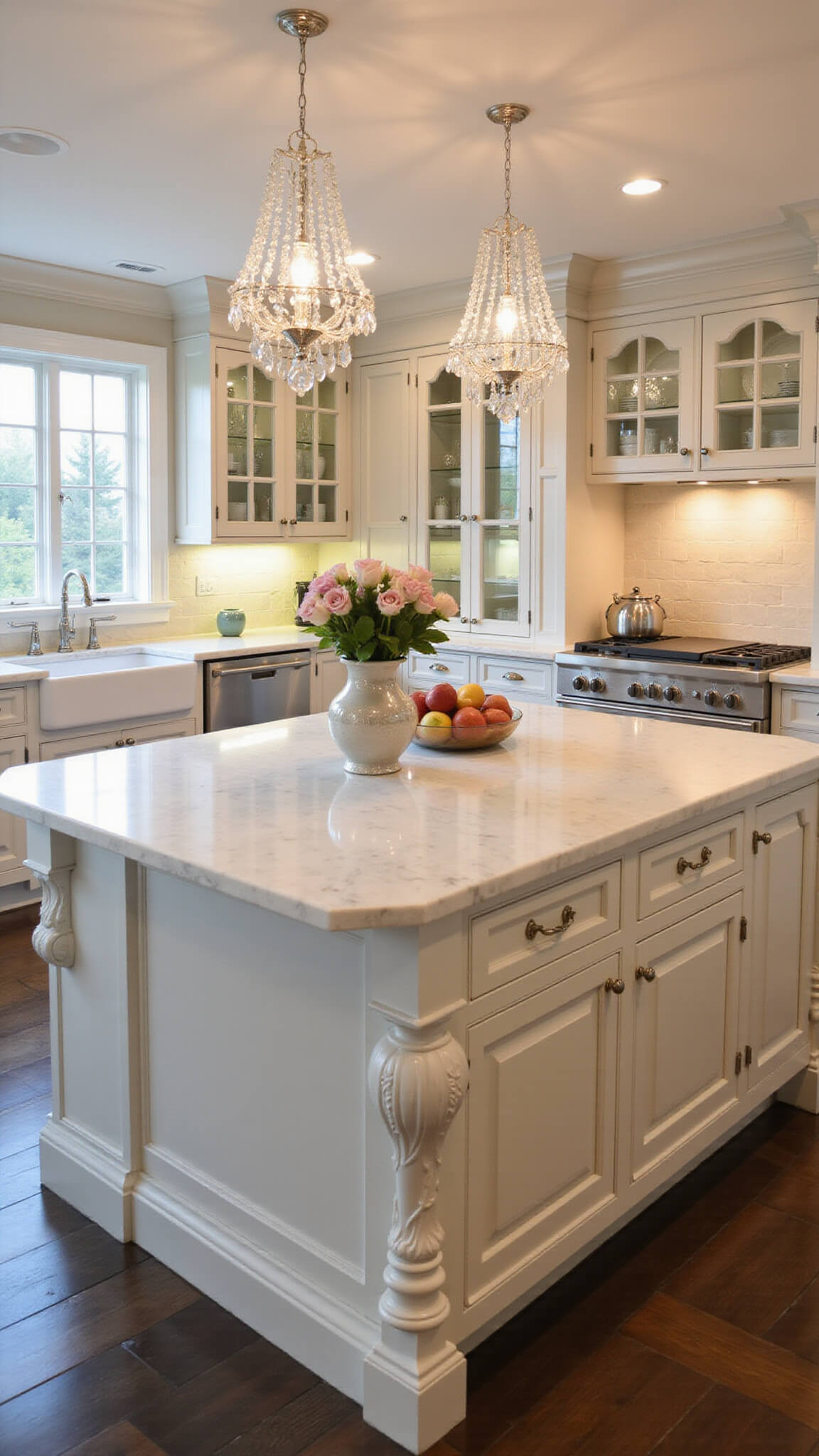 Elegant 12x14ft kitchen with light maple cabinets, Calacatta marble surfaces, and a crystal chandelier above a detailed island, captured at eye level in soft evening lighting.