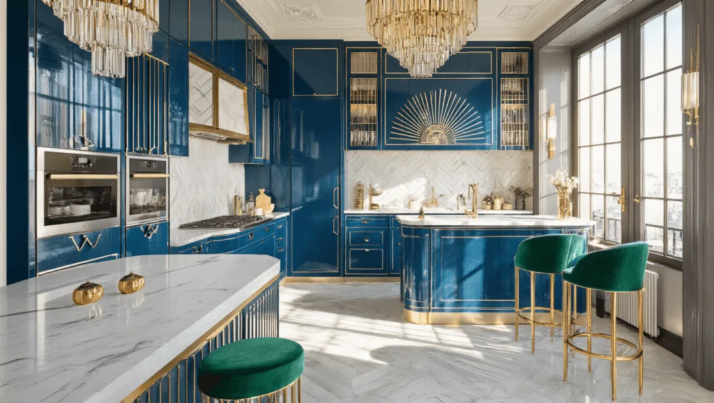"Art Deco kitchen with sapphire cabinets, marble countertops, gold hardware, sunburst chandelier, emerald barstools and mirrored backsplash in warm afternoon light"