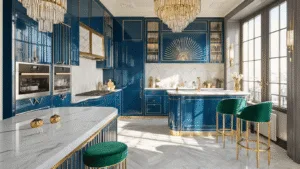 "Art Deco kitchen with sapphire cabinets, marble countertops, gold hardware, sunburst chandelier, emerald barstools and mirrored backsplash in warm afternoon light"