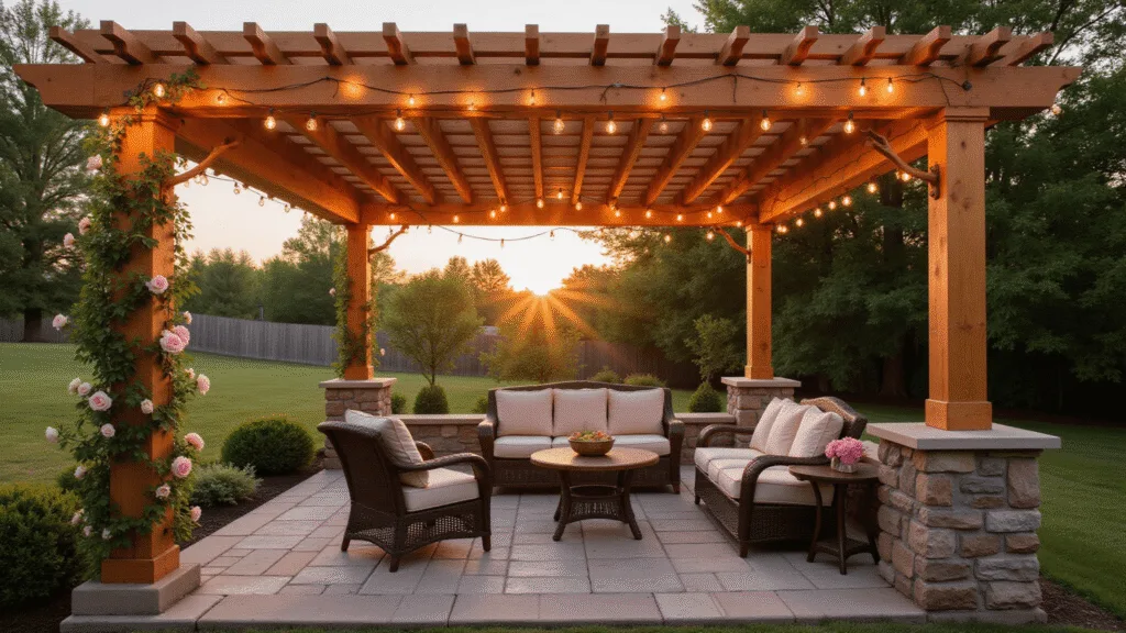 "Classic cedar pergola with climbing roses, string lights, and outdoor furniture on a stone patio during a warm sunset"