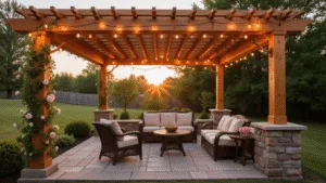 "Classic cedar pergola with climbing roses, string lights, and outdoor furniture on a stone patio during a warm sunset"