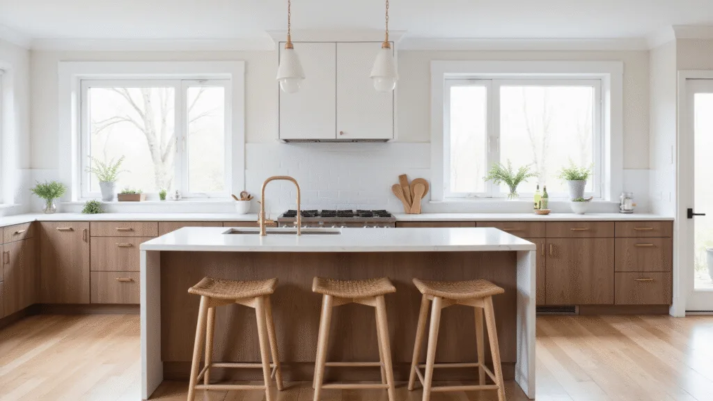 "Modern Scandinavian kitchen with white and walnut cabinets, quartz island, rattan stools, and potted herbs in morning sunlight."
