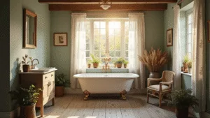 "Sunlit cottagecore bathroom with vintage clawfoot tub, white ceramic sink, exposed beams, lace curtains, dried flowers, potted ferns, and muted green walls"