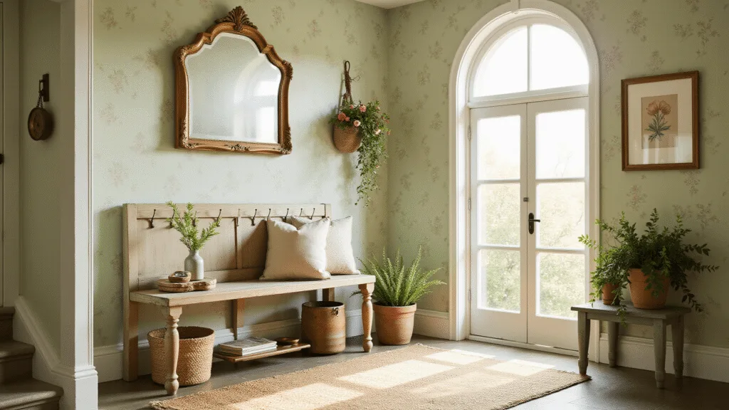 "Cottagecore entryway with green floral wallpaper, wooden bench, vintage coat hooks, dried flowers, arched window, jute and Persian rug, brass mirror, and potted herbs"