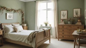 "Cottagecore bedroom with sage green walls, antique bed and dresser, vintage books, botanical prints and dried flowers in soft morning light"