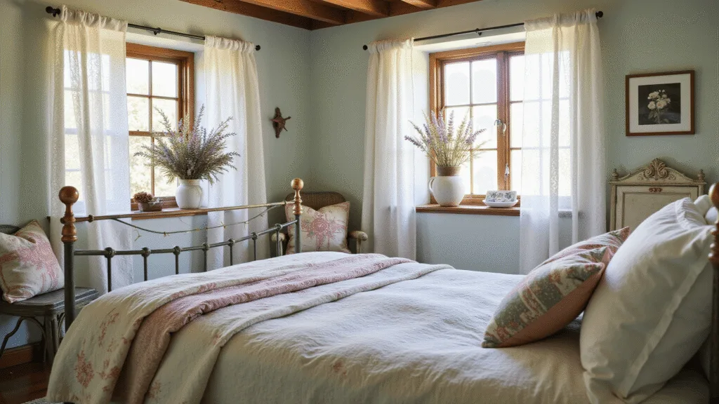 "A cozy cottagecore bedroom with a wrought-iron bed, vintage quilts, dried flowers in ceramic vases, and morning light filtering through lace curtains"